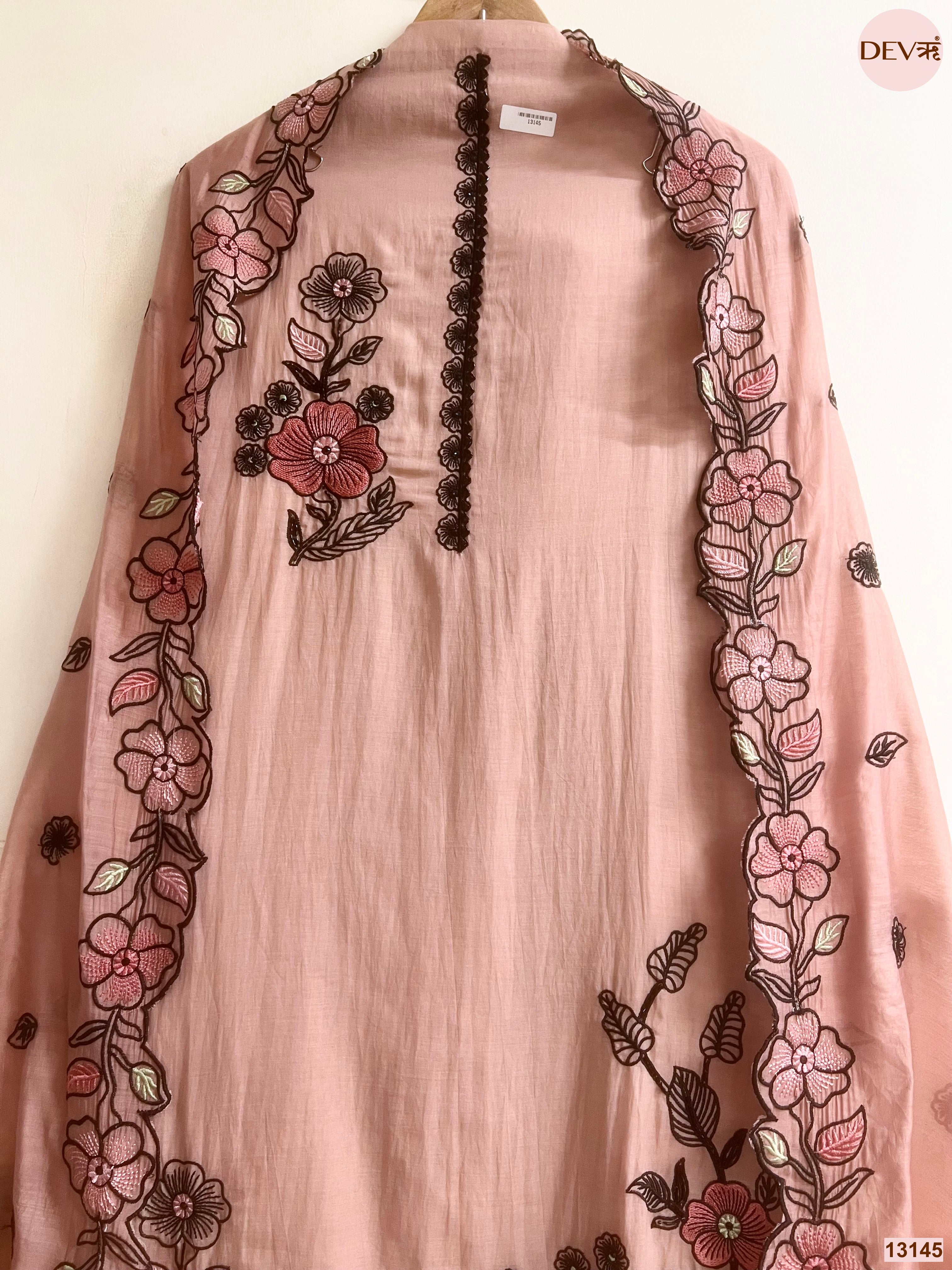 Pink Mul Chanderi Embroidered Unstitched 3-Piece Suit (Devri – D.No 13145)
