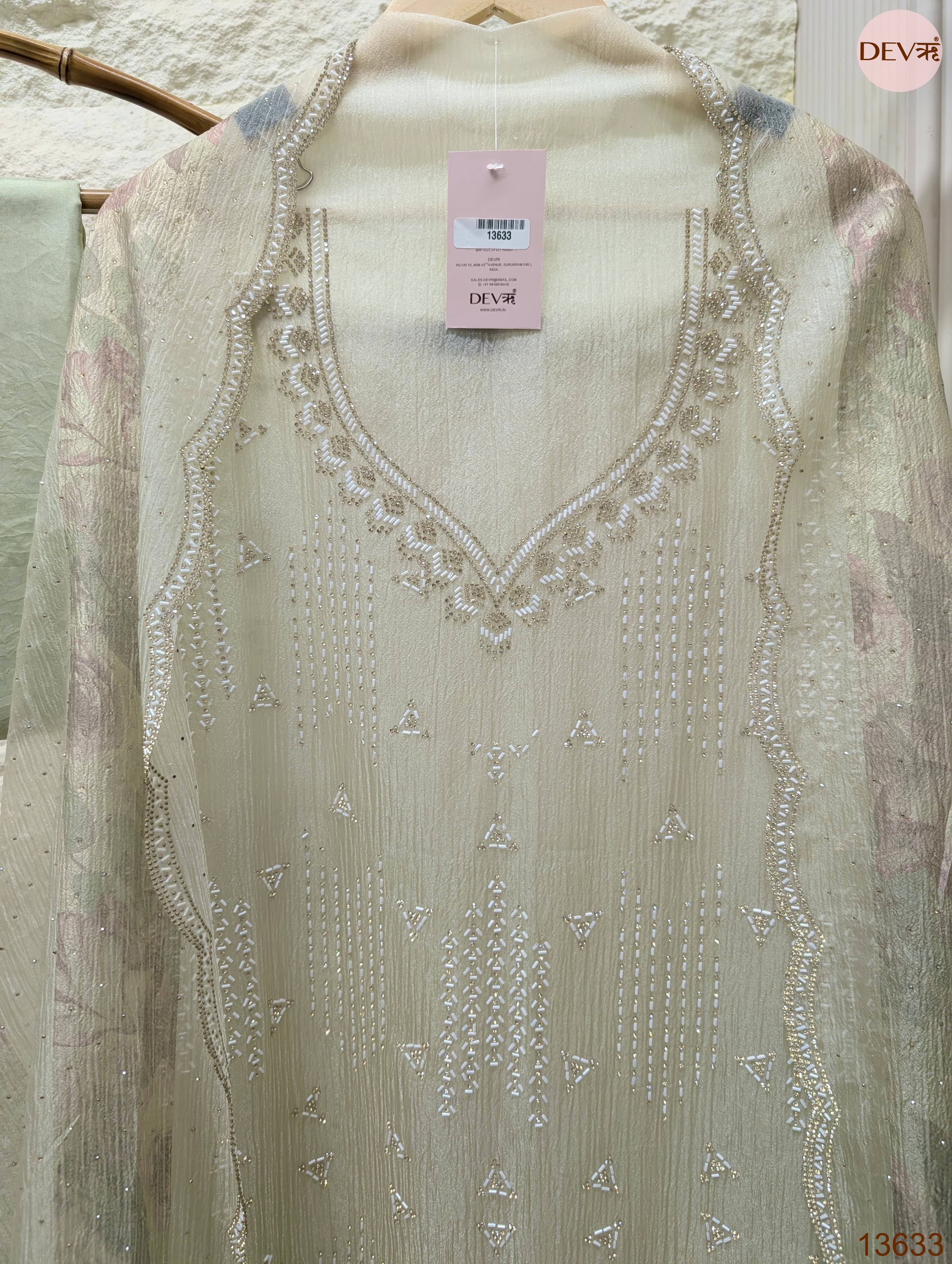 Sage Pure Crush Silk Embroidered Unstitched 3-Piece Suit (Devri – D.No 13633)