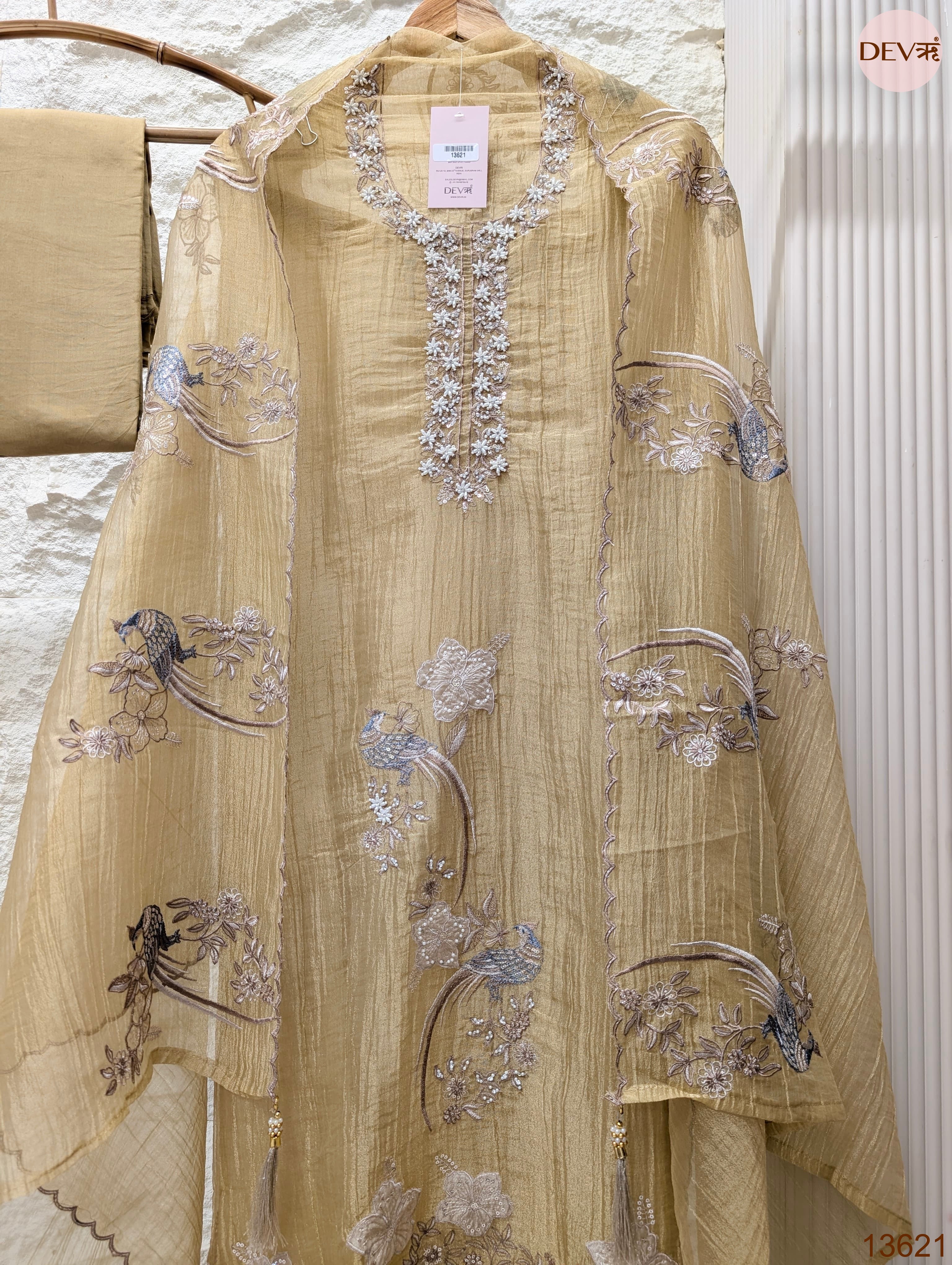Beige Tissue Crush Silk Embroidered Unstitched 3-Piece Suit (Devri – D.No 13621)