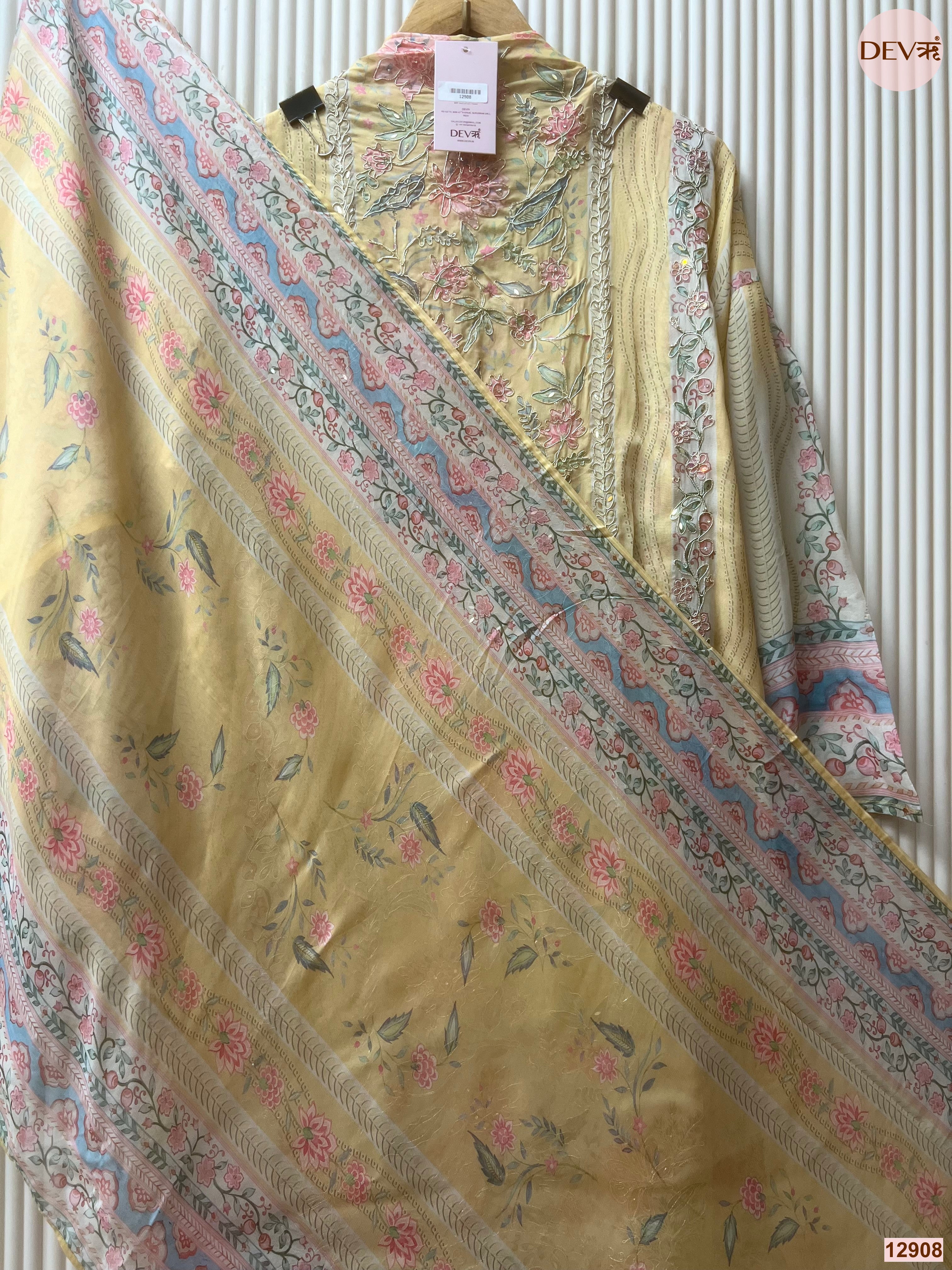 Yellow Organza Embroidered Unstitched 3-Piece Suit (Devri – D.No 12908)