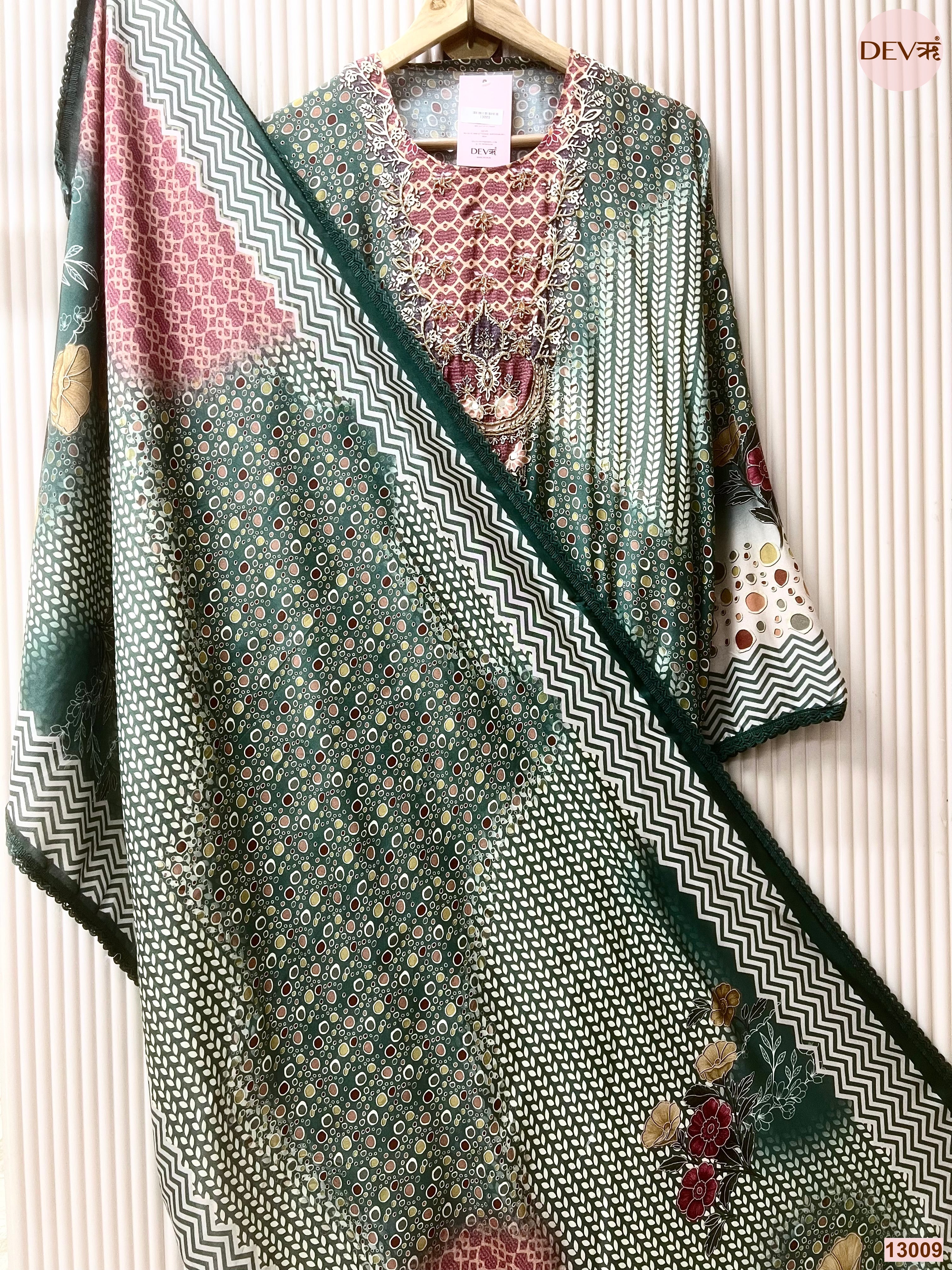 Green Muslin Printed Unstitched 3-Piece Suit (Devri – D.No 13009)
