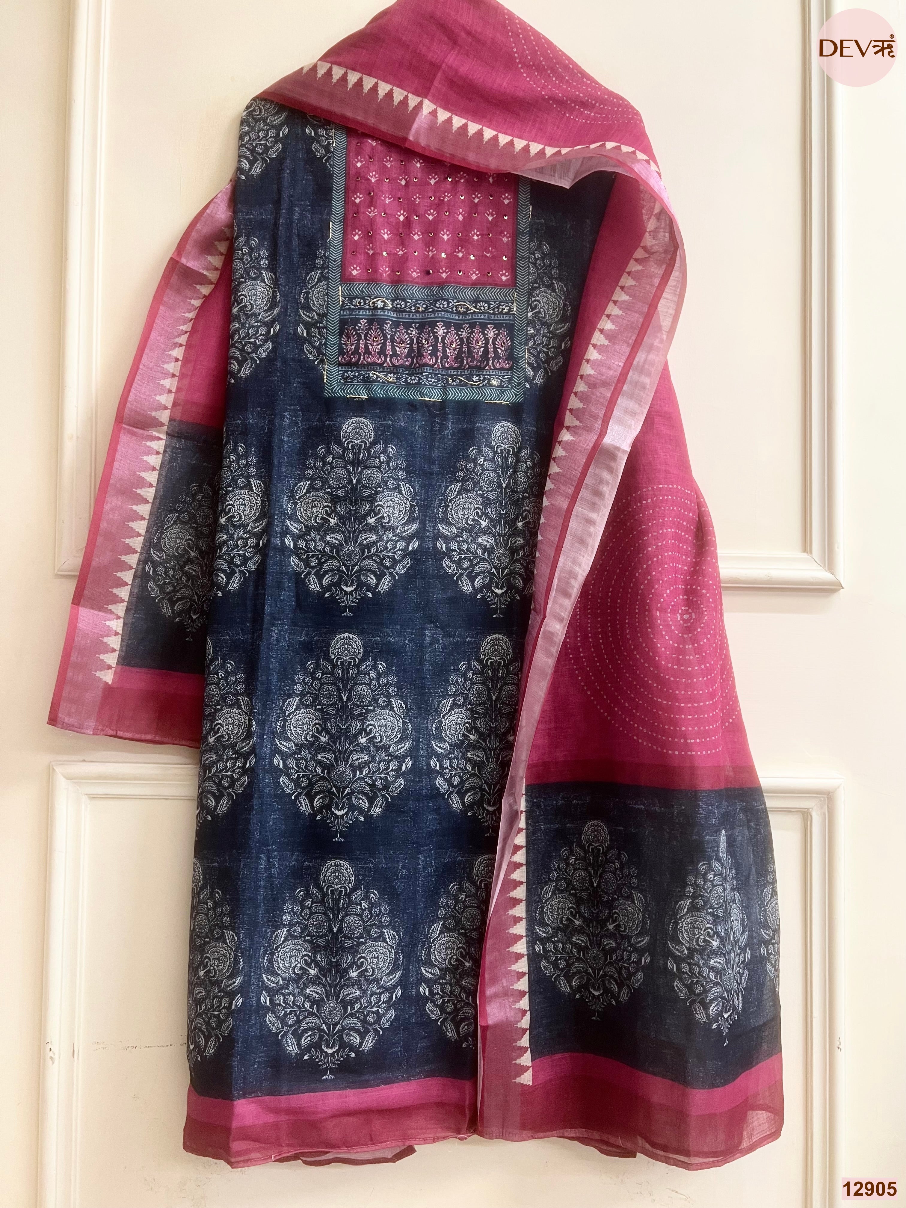 Pink Linen Cotton Printed Unstitched 3-Piece Suit (Devri – D.No 12905)