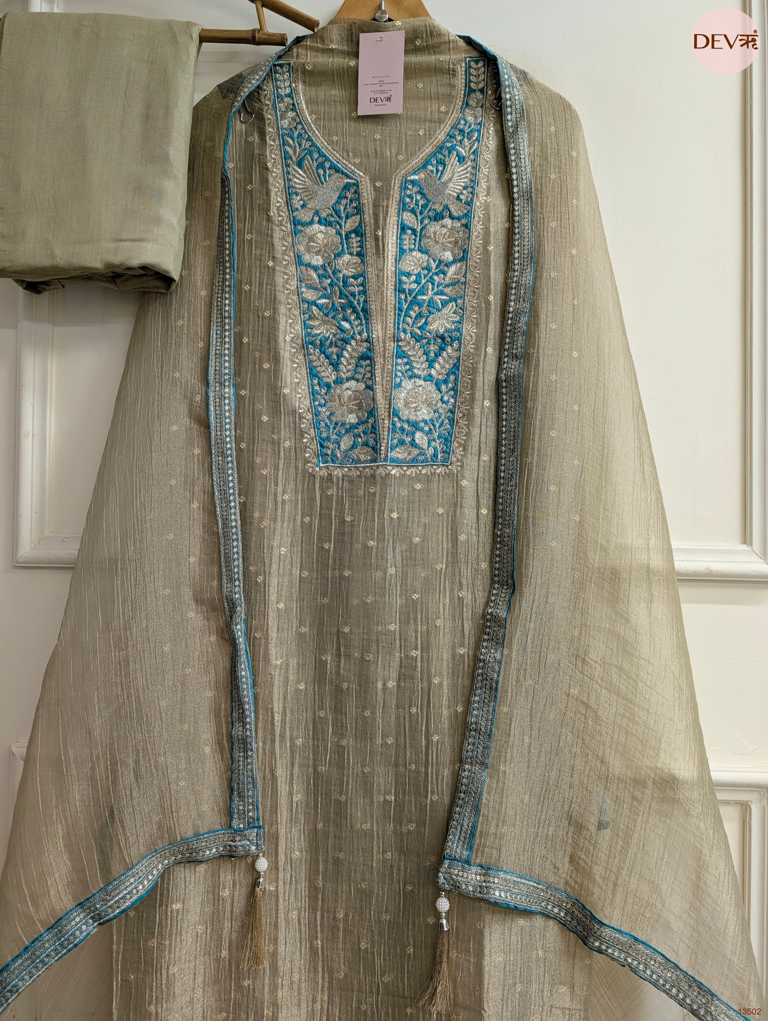 Grey Tissue Silk Embroidered Unstitched 3-Piece Suit (Devri – D.No 13502)