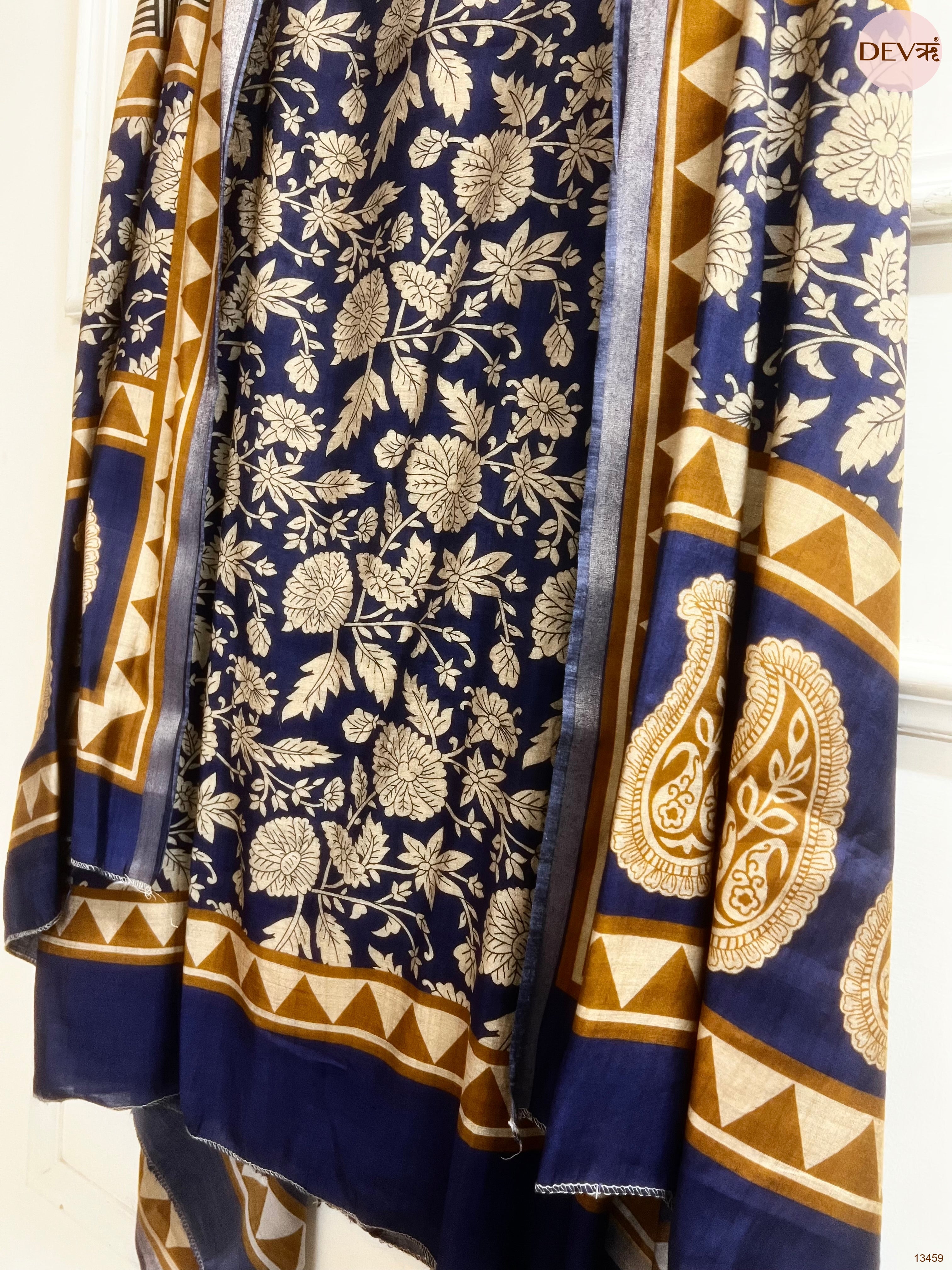 Navy Blue Maheshwari Silk Printed Unstitched 3-Piece Suit (Devri – D.No 13459)