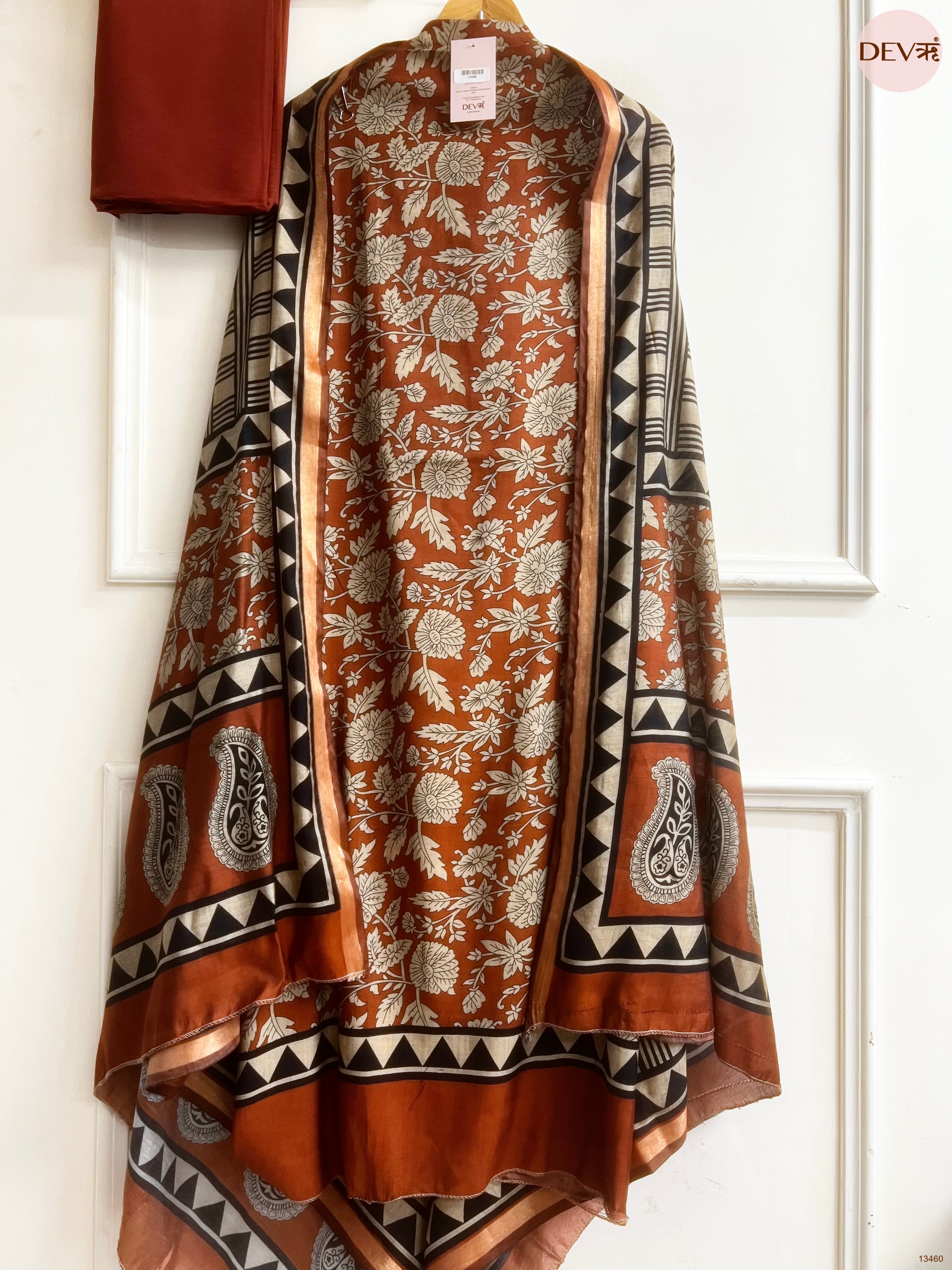 Rust Maheshwari Silk Printed Unstitched 3-Piece Suit (Devri – D.No 13460)
