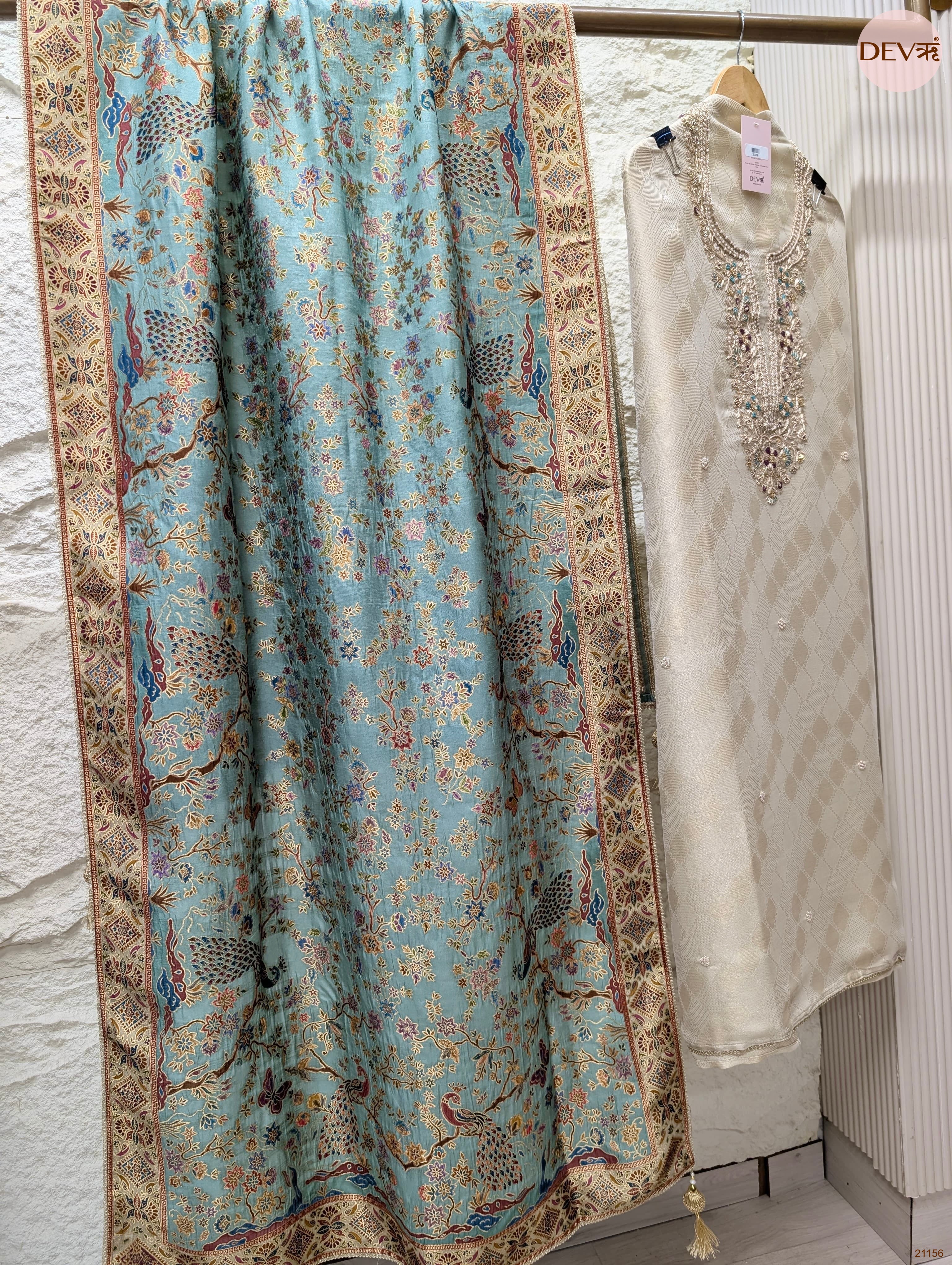 Off White Pure Banarasi Woven Silk Embroidered Unstitched 3-Piece Suit (Devri – D.No 21156)