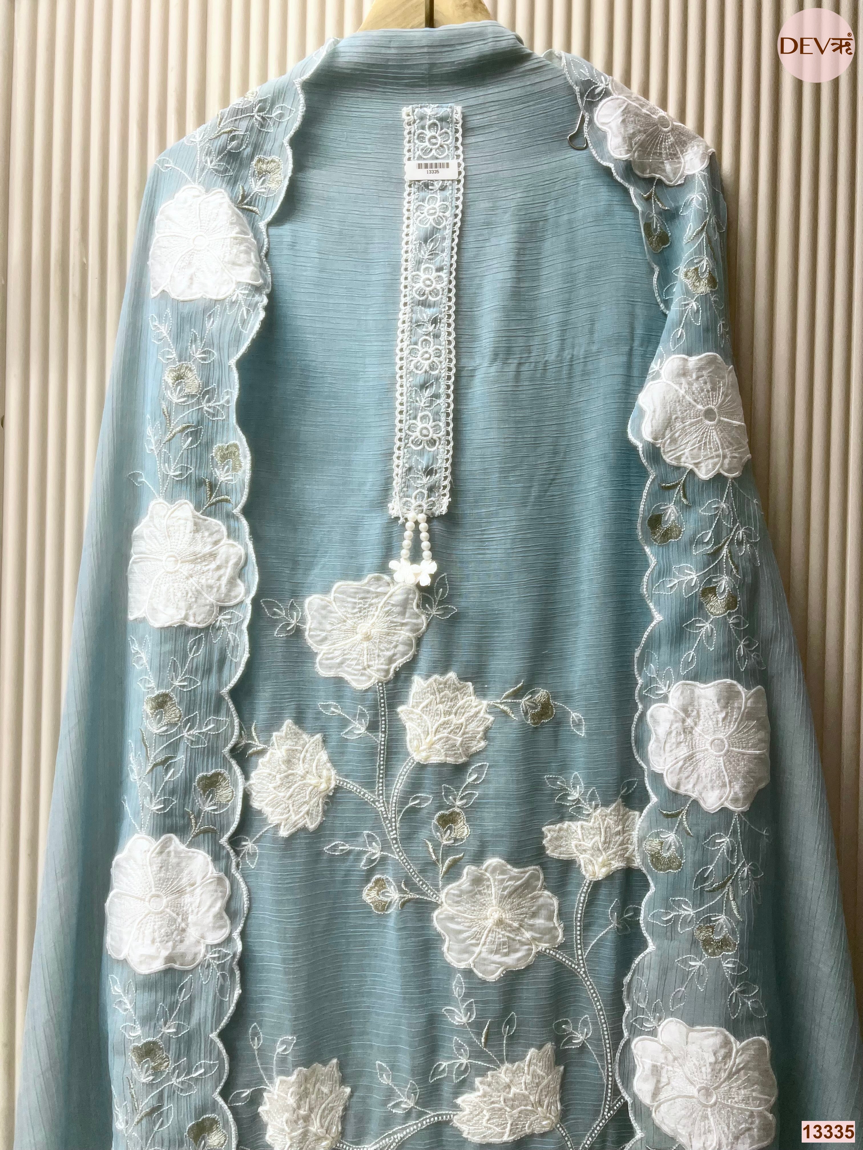 Blue Mul Chanderi Crush Embroidered Unstitched 3-Piece Suit (Devri – D.No 13335)