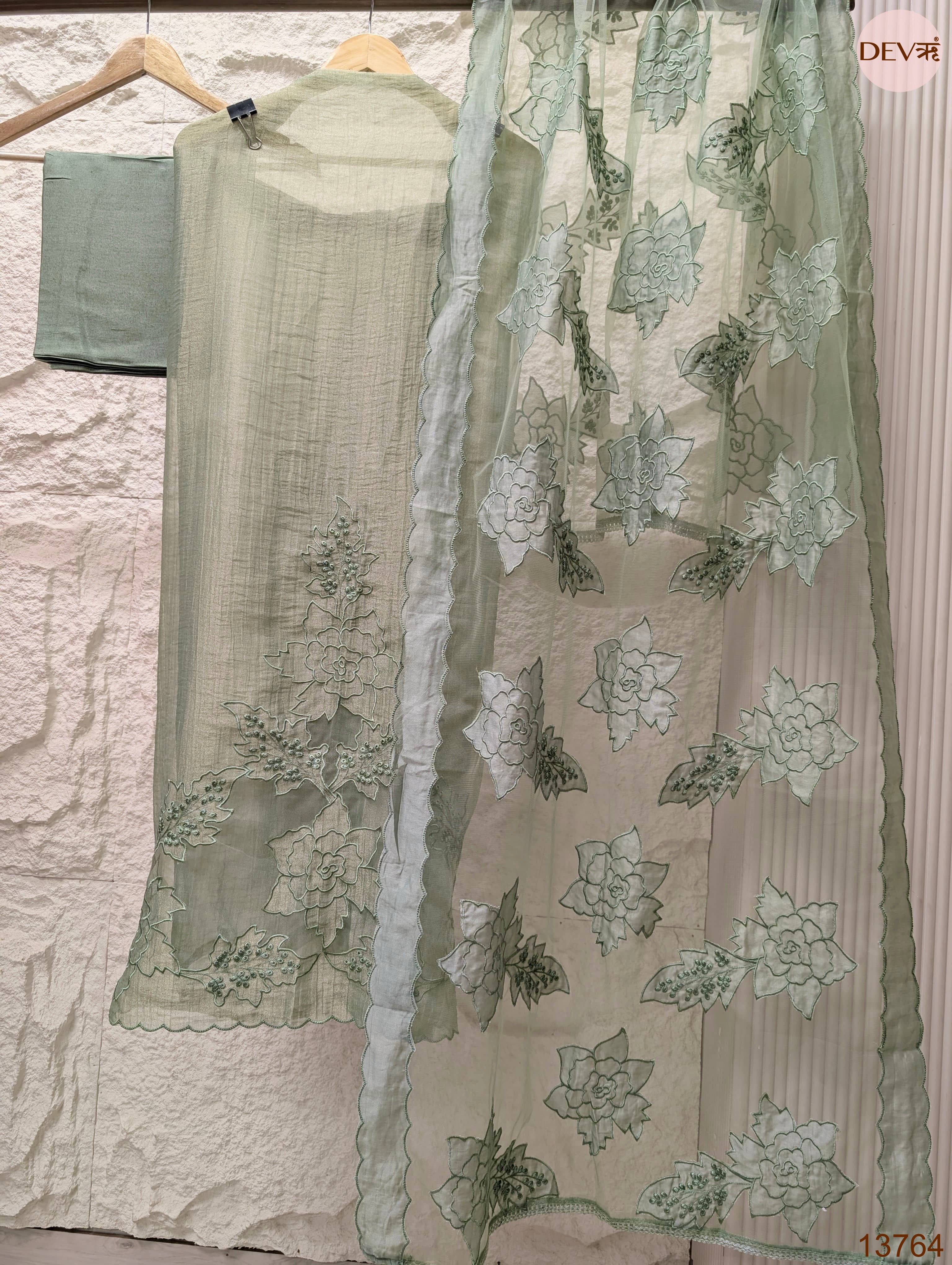 Sage Tissue Silk Embroidered Unstitched 3-Piece Suit (Devri – D.No 13764)