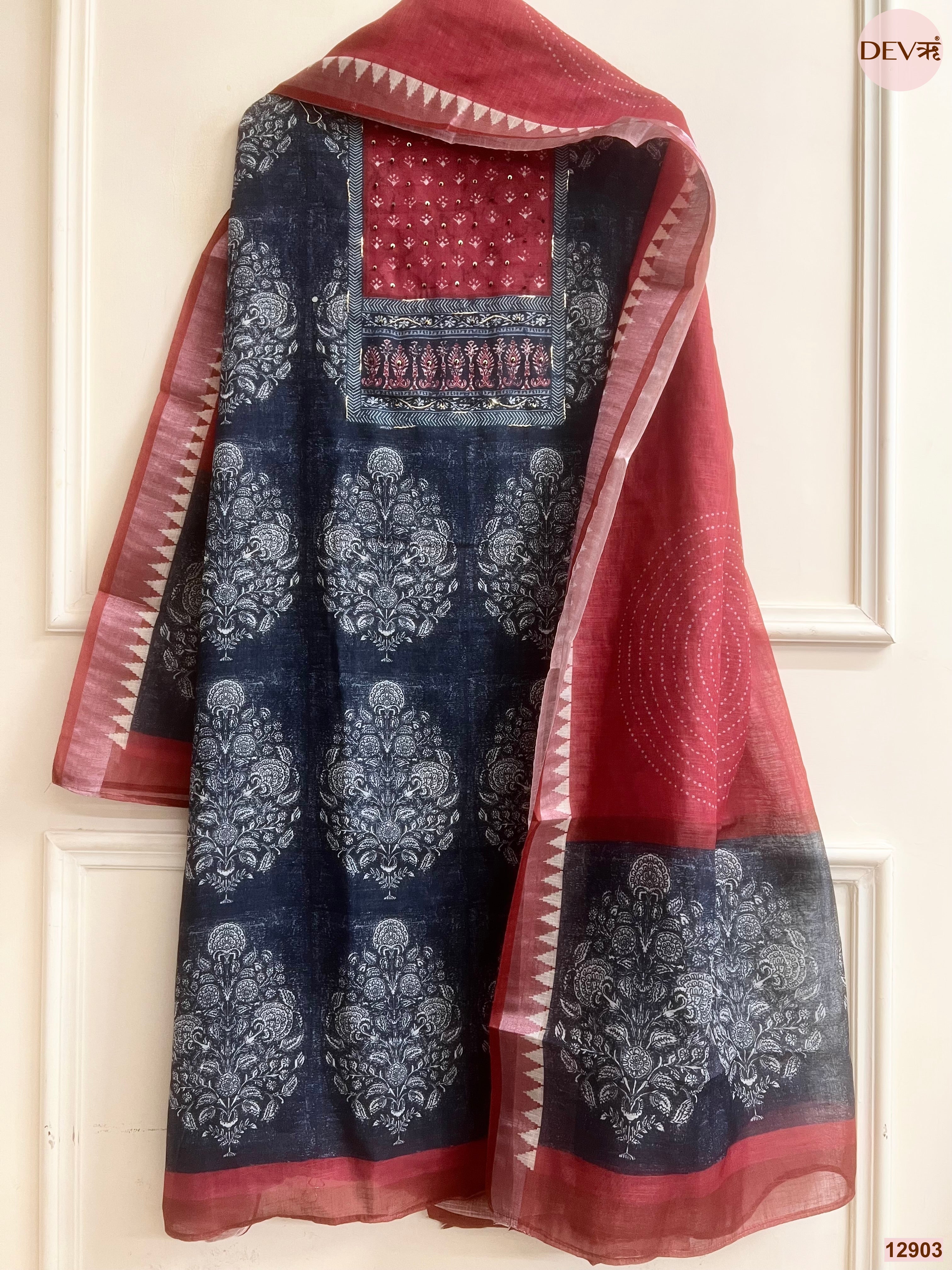 Maroon Linen Cotton Printed Unstitched 3-Piece Suit (Devri – D.No 12903)