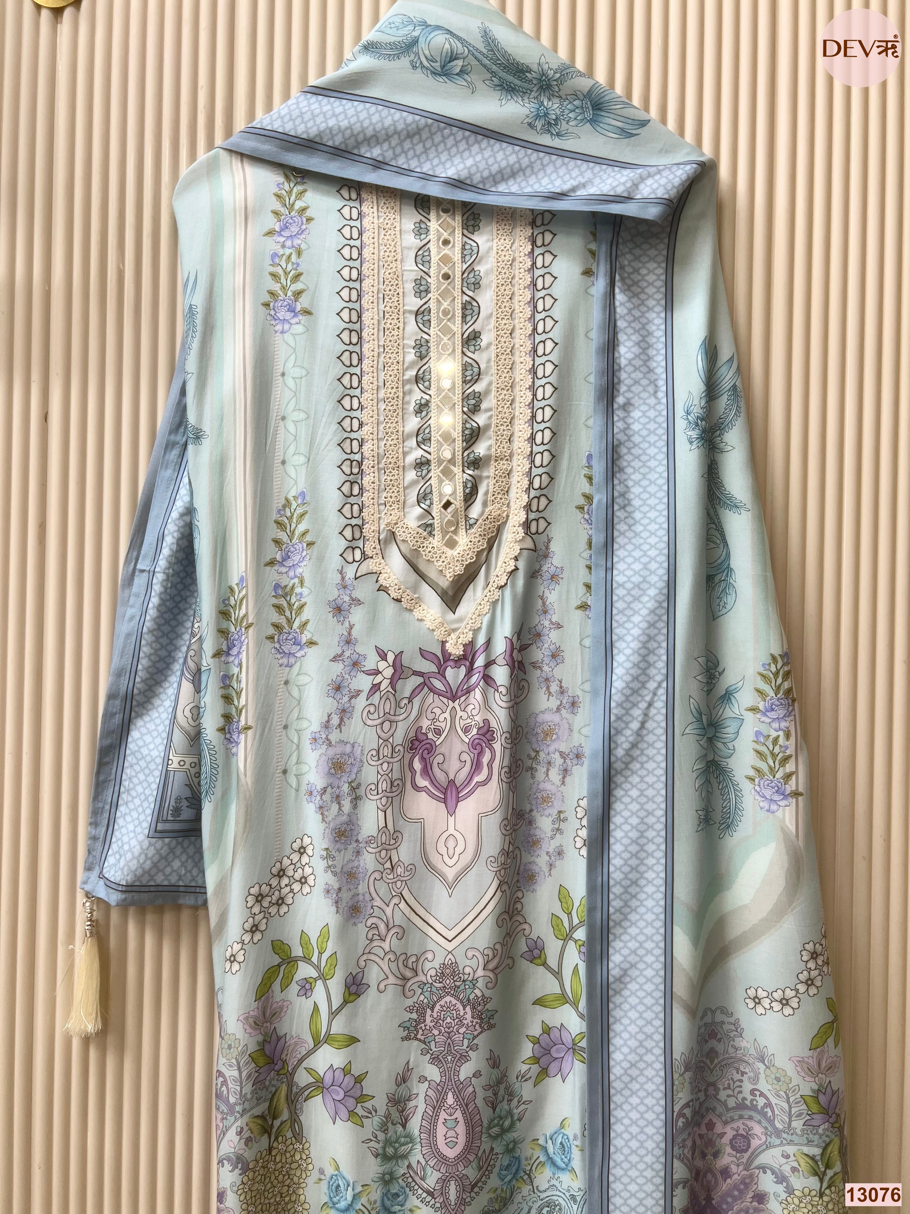 Blue Muslin Printed Unstitched 3-Piece Suit (Devri – D.No 13076)