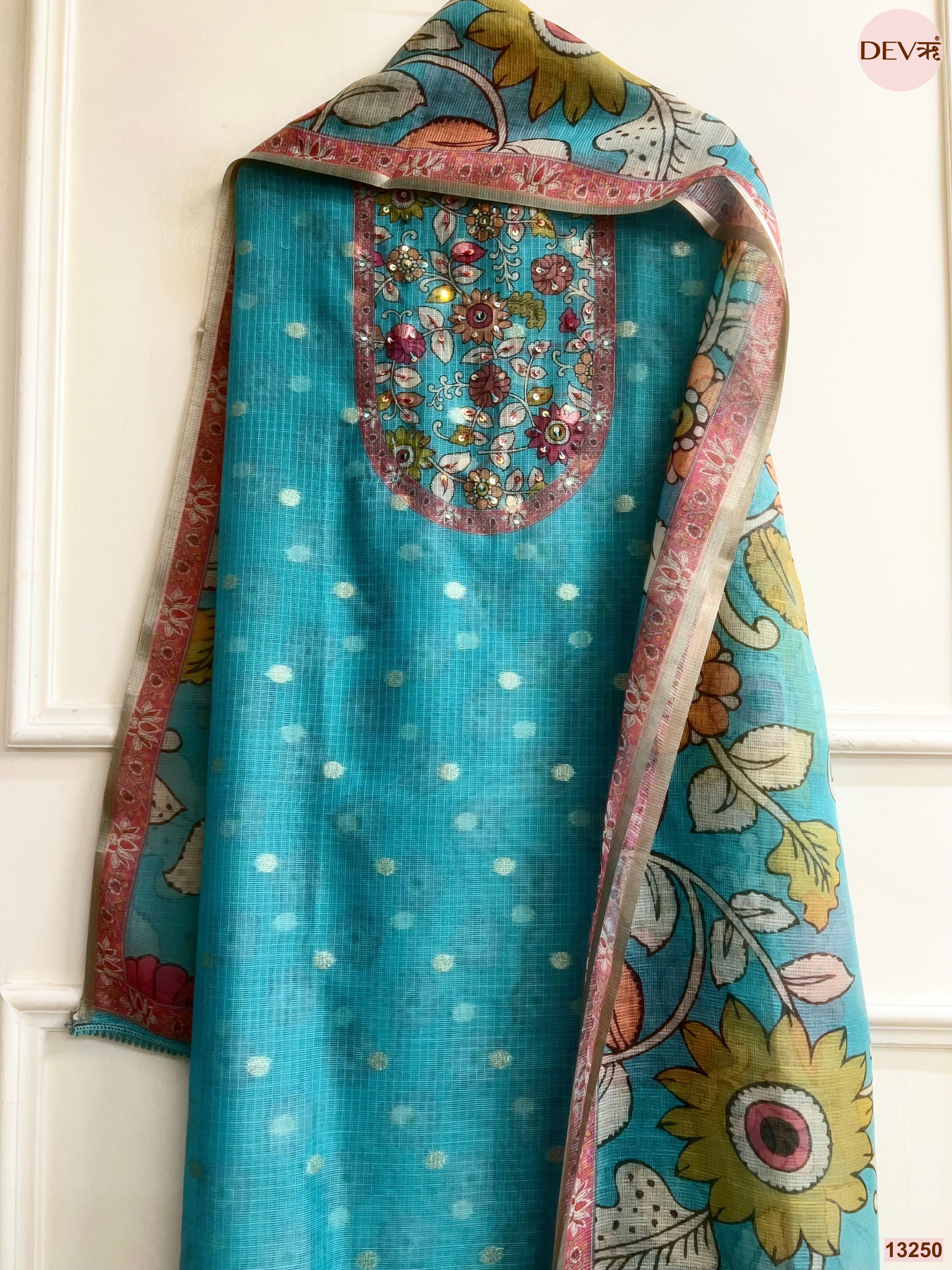 Turquoise Kota Printed Unstitched 3-Piece Suit (Devri – D.No 13250)