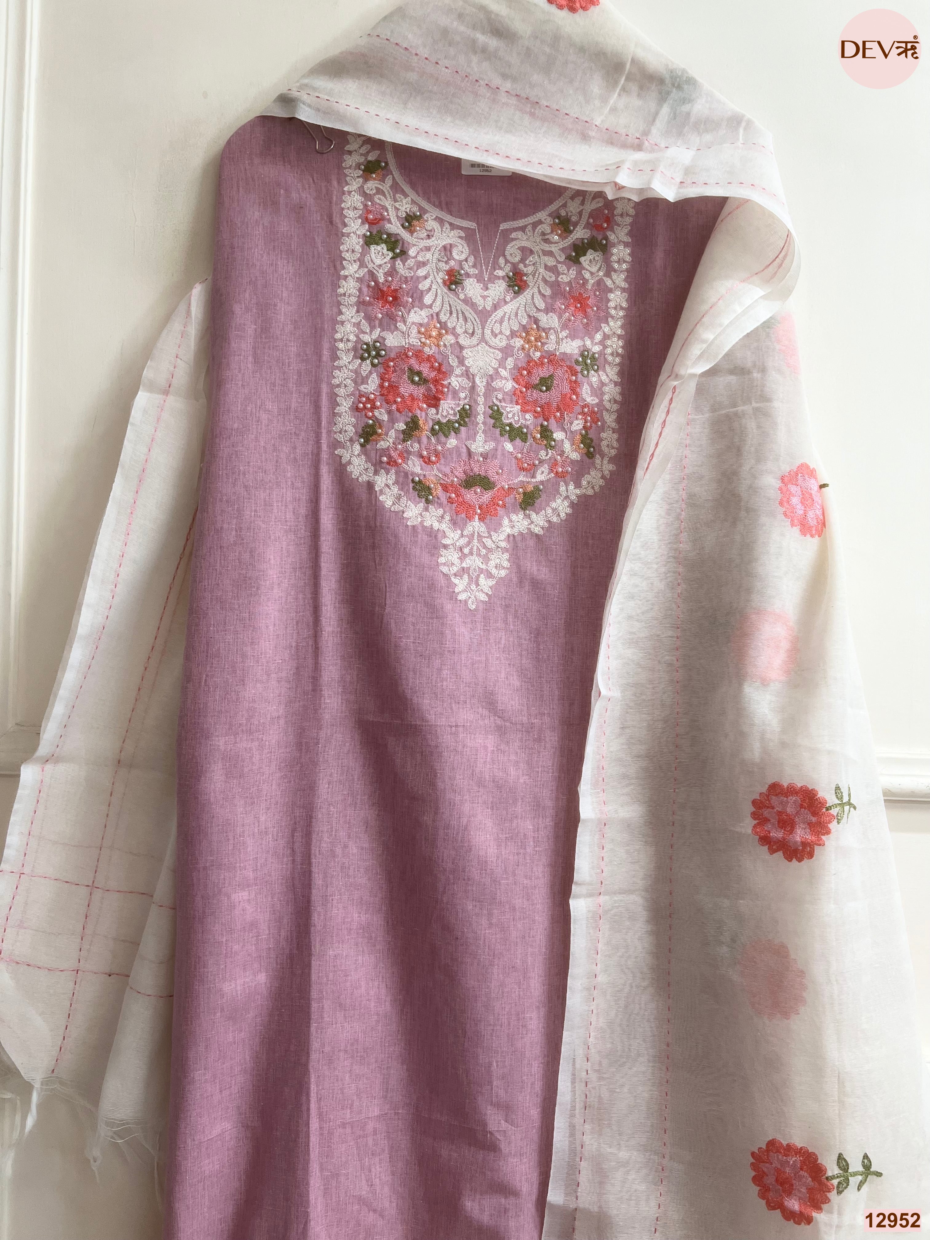 Pink Cotton Handloom Embroidered Unstitched 3-Piece Suit (Devri – D.No 12952)