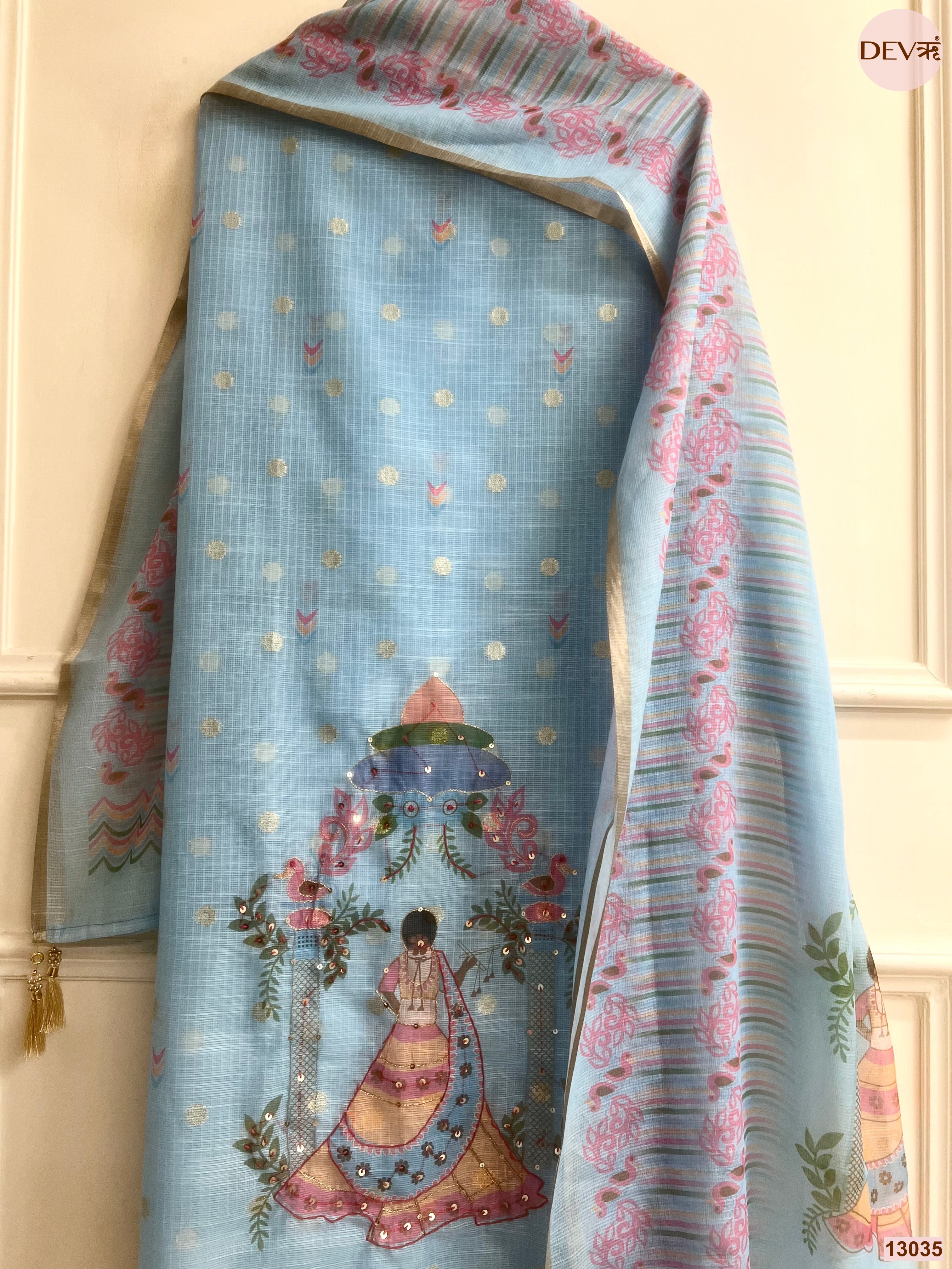 Blue Kota Zari Printed Unstitched 3-Piece Suit (Devri – D.No 13035)