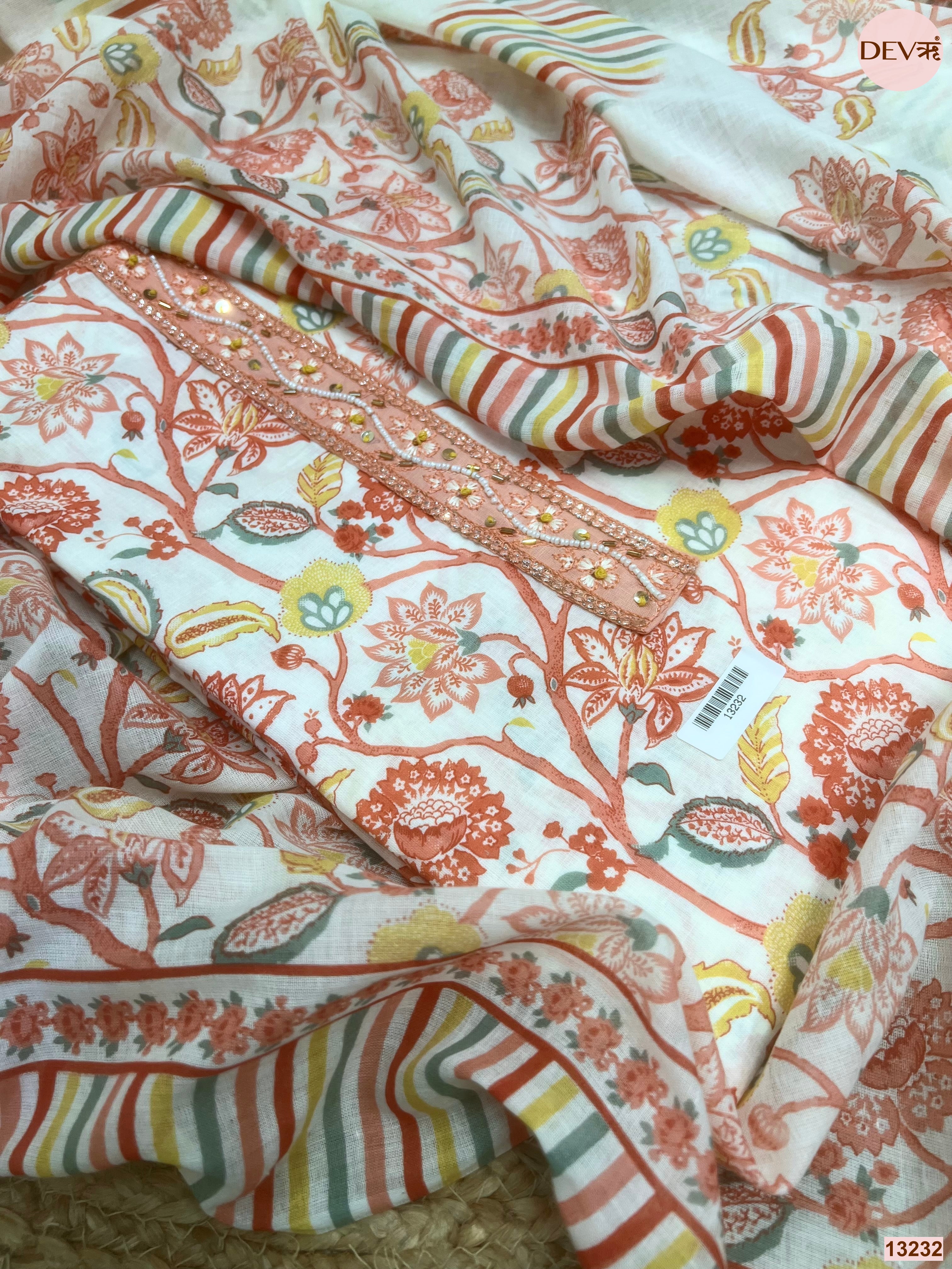 Peach Cotton Printed Unstitched 3-Piece Suit (Devri – D.No 13232)