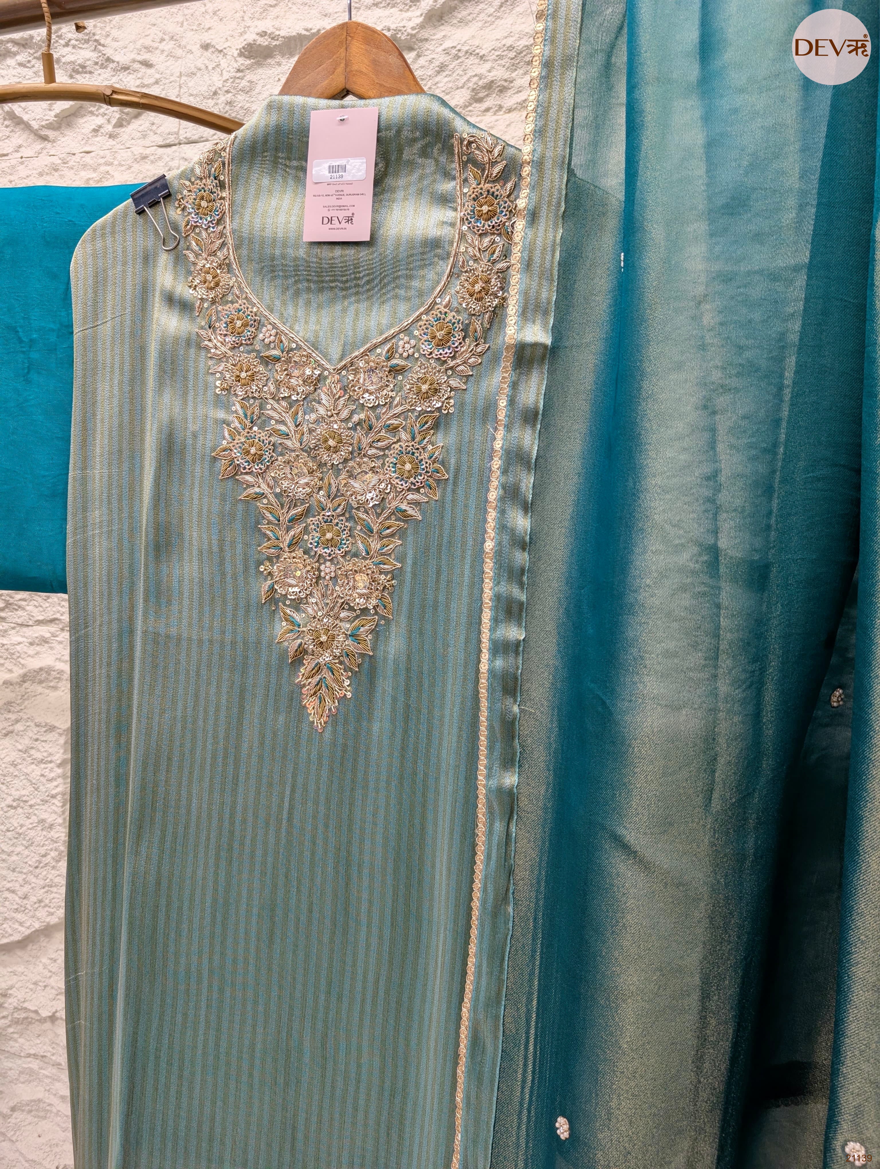 Teal Pure Tissue Silk Embroidered Unstitched 3-Piece Suit (Devri – D.No 21139)