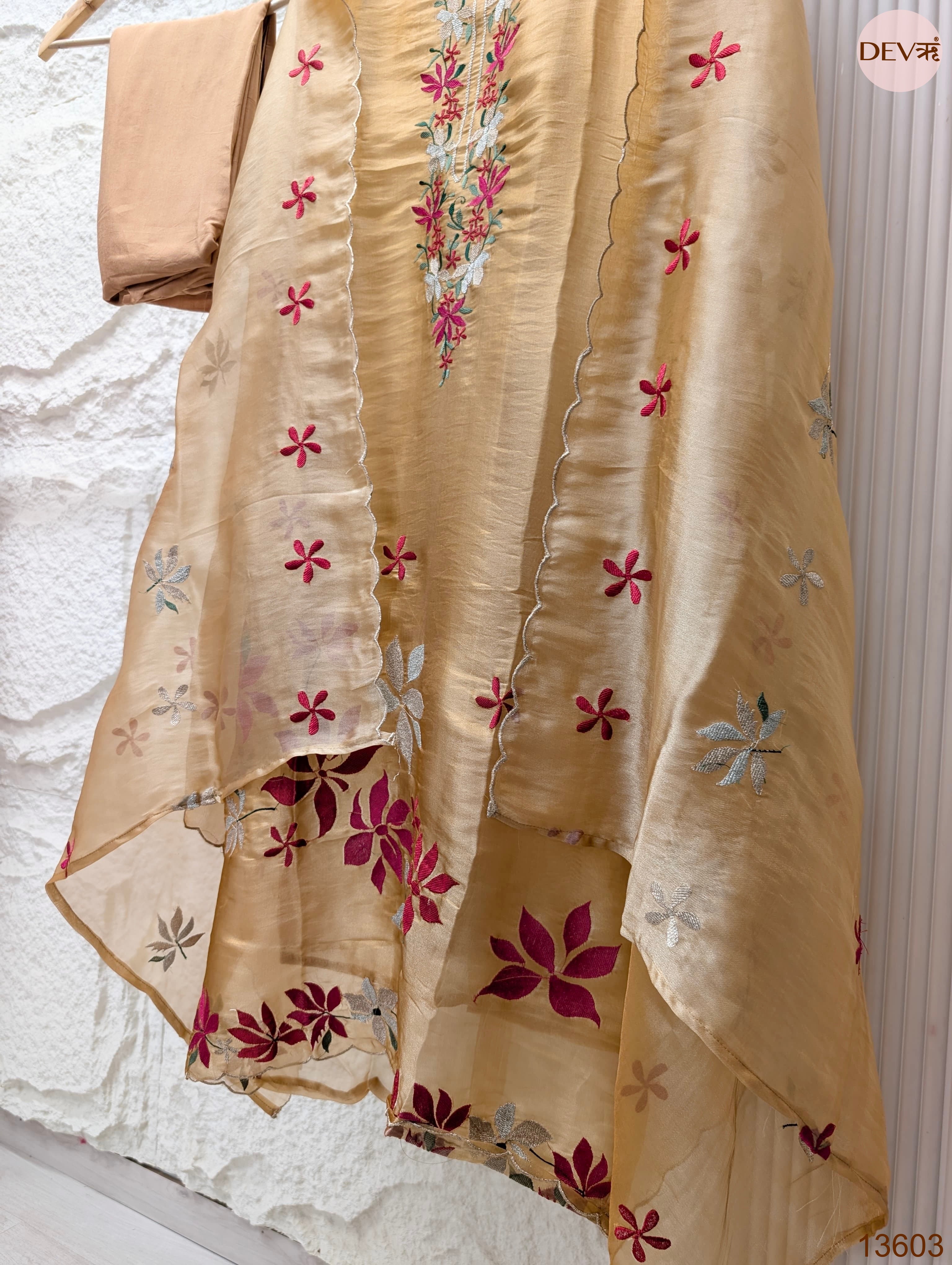 Beige Crush Tissue Silk Embroidered Unstitched 3-Piece Suit (Devri – D.No 13603)