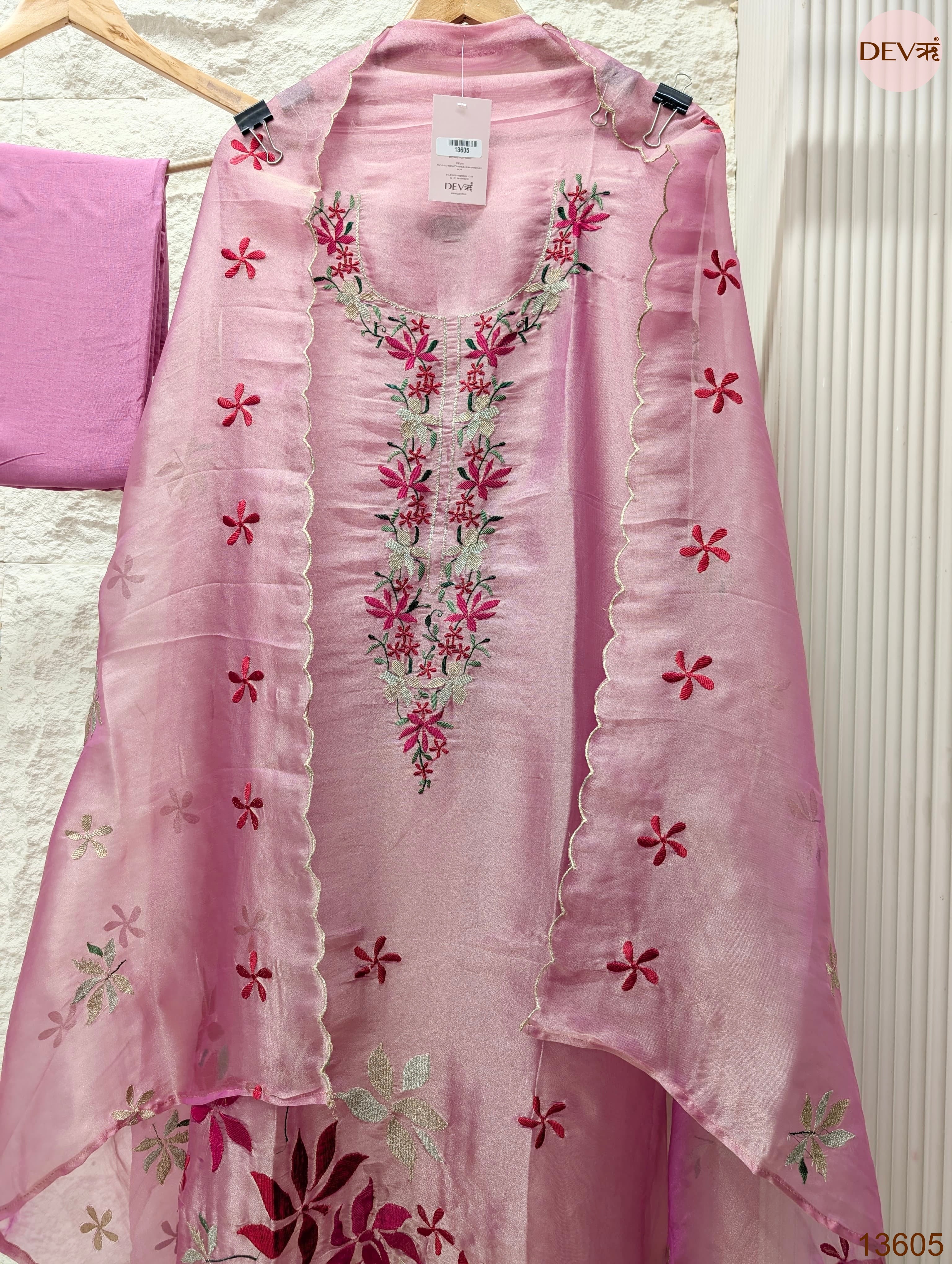 Pink Crush Tissue Silk Embroidered Unstitched 3-Piece Suit (Devri – D.No 13605)