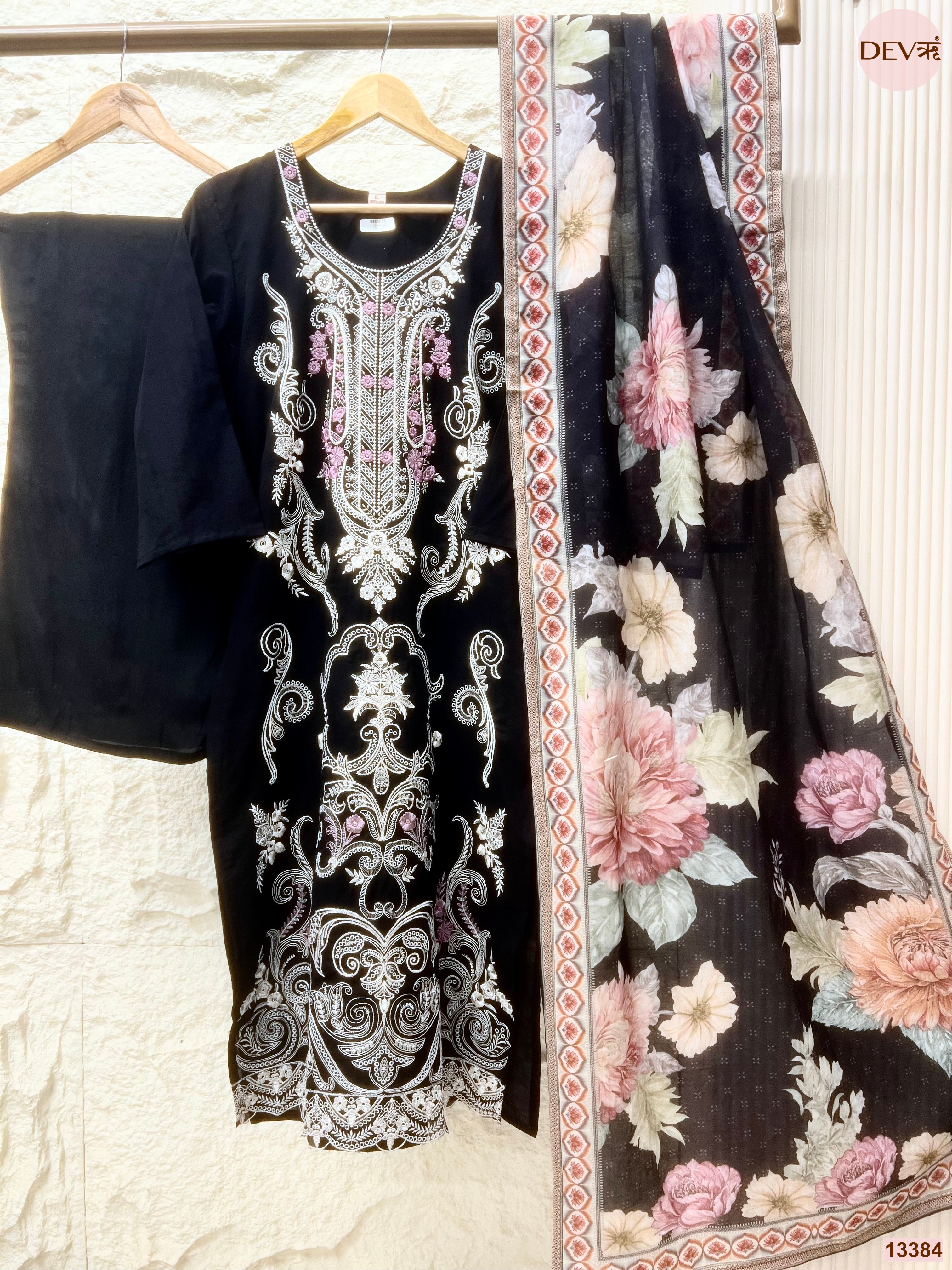 Meher Pure Mul Cotton Embroidered Black 3-Piece Set (Devri – D.No 13384)