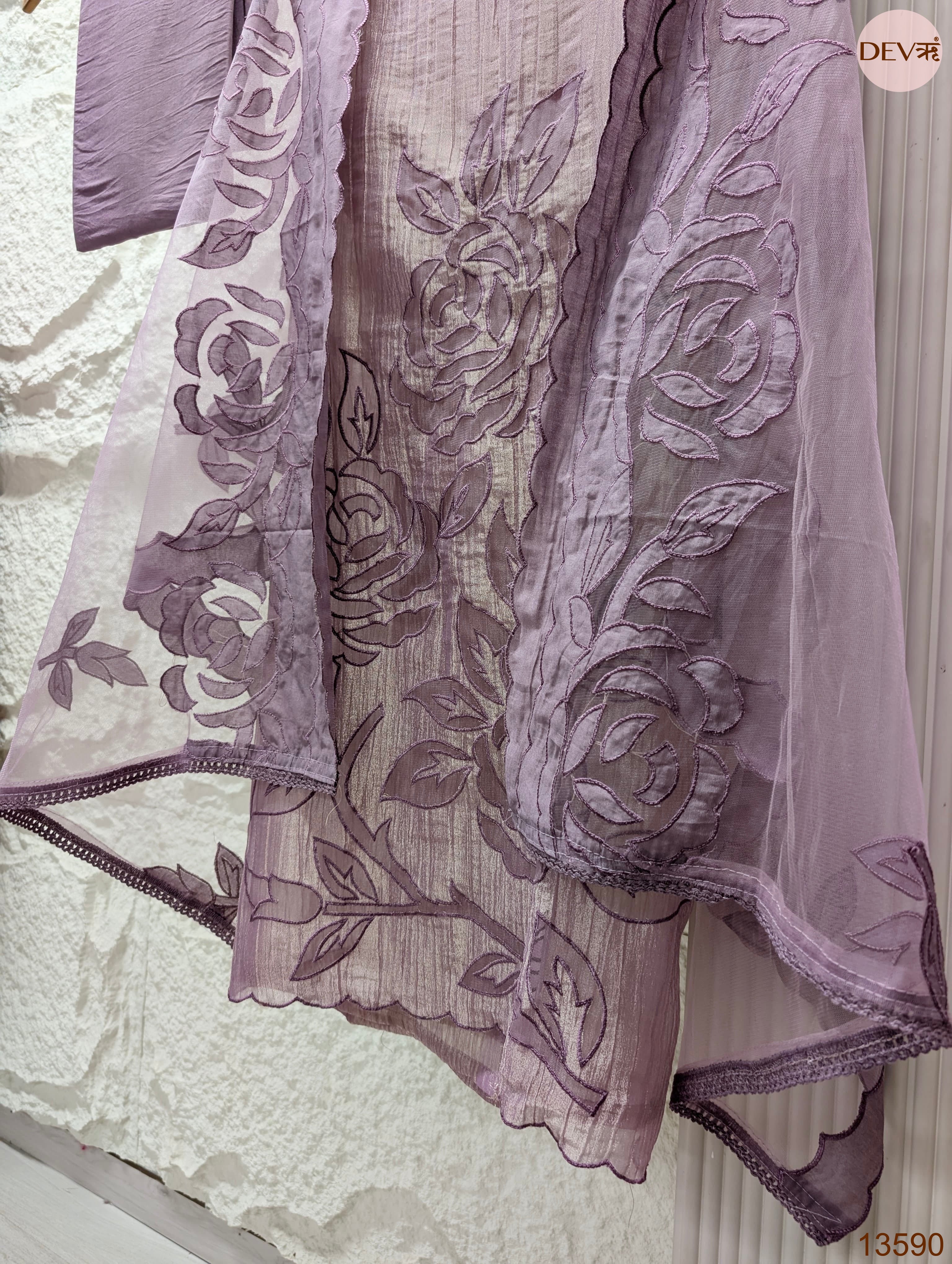 Purple Tissue Crush Silk Embroidered Unstitched 3-Piece Suit (Devri – D.No 13590)