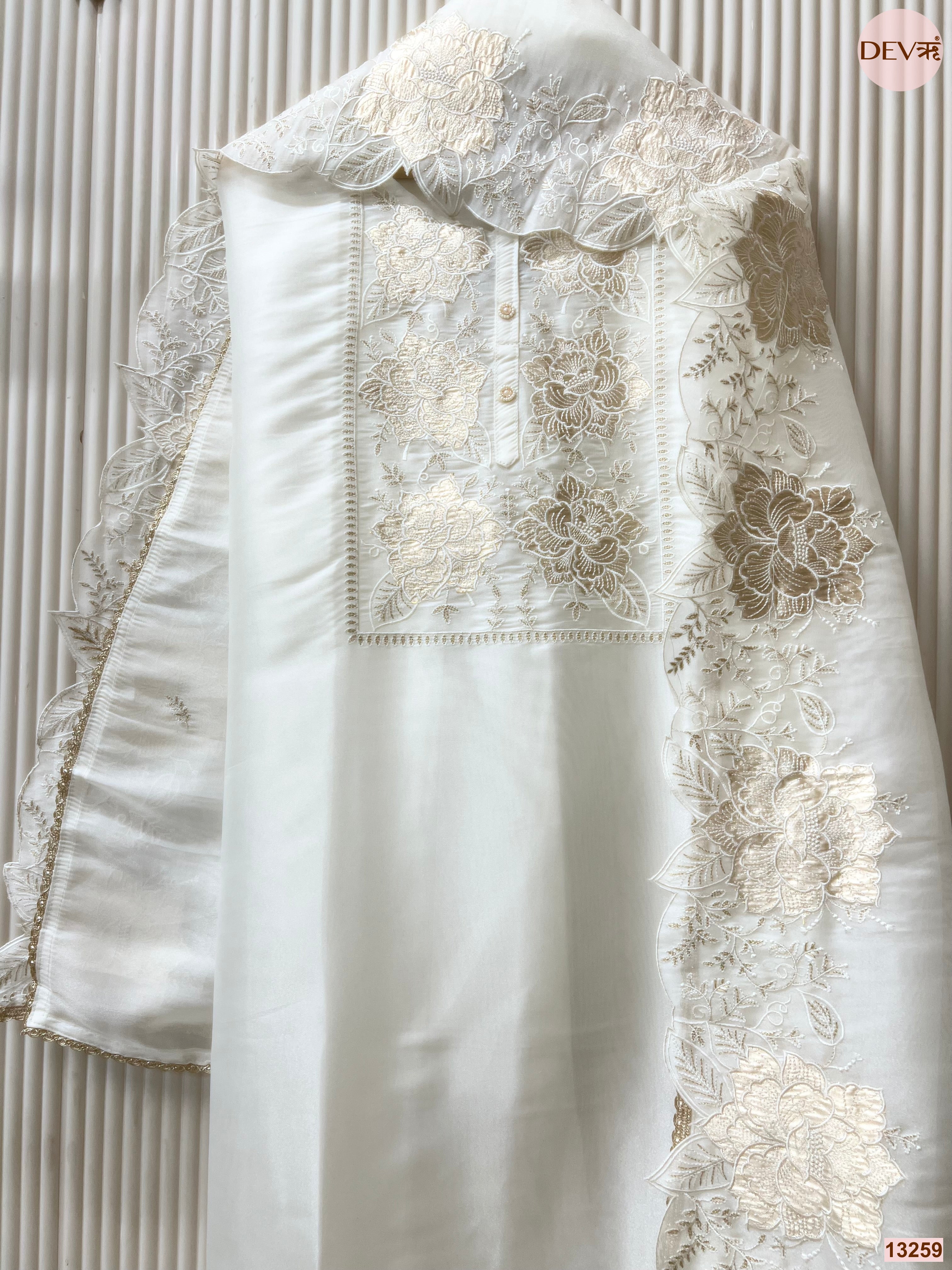 Off White Tissue Shimmer Silk Embroidered Unstitched 3-Piece Suit (Devri – D.No 13259)