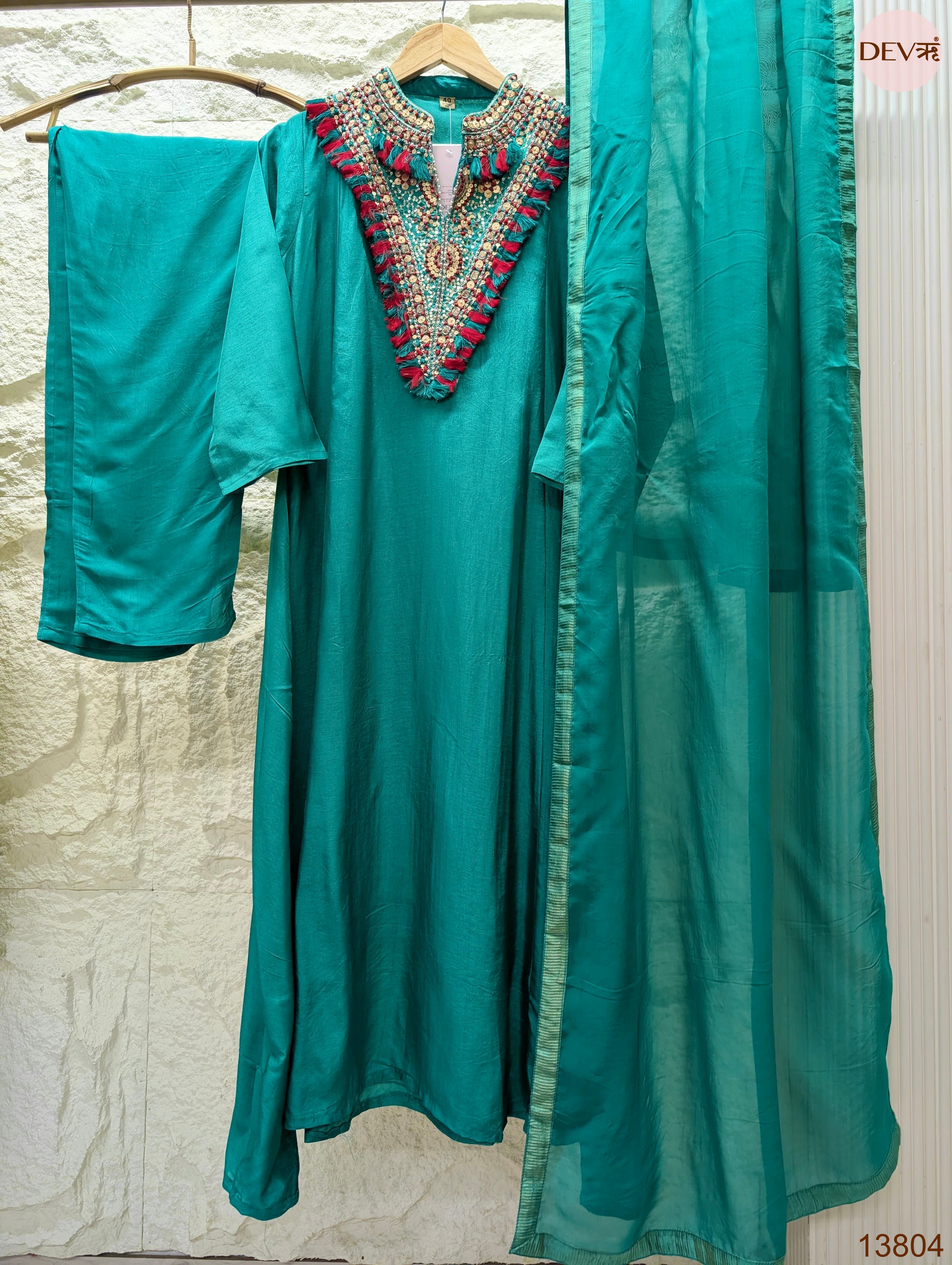 Zareen Pure Russian silk Embroidered Teal 3-Piece Set (Devri – D.No 13804)