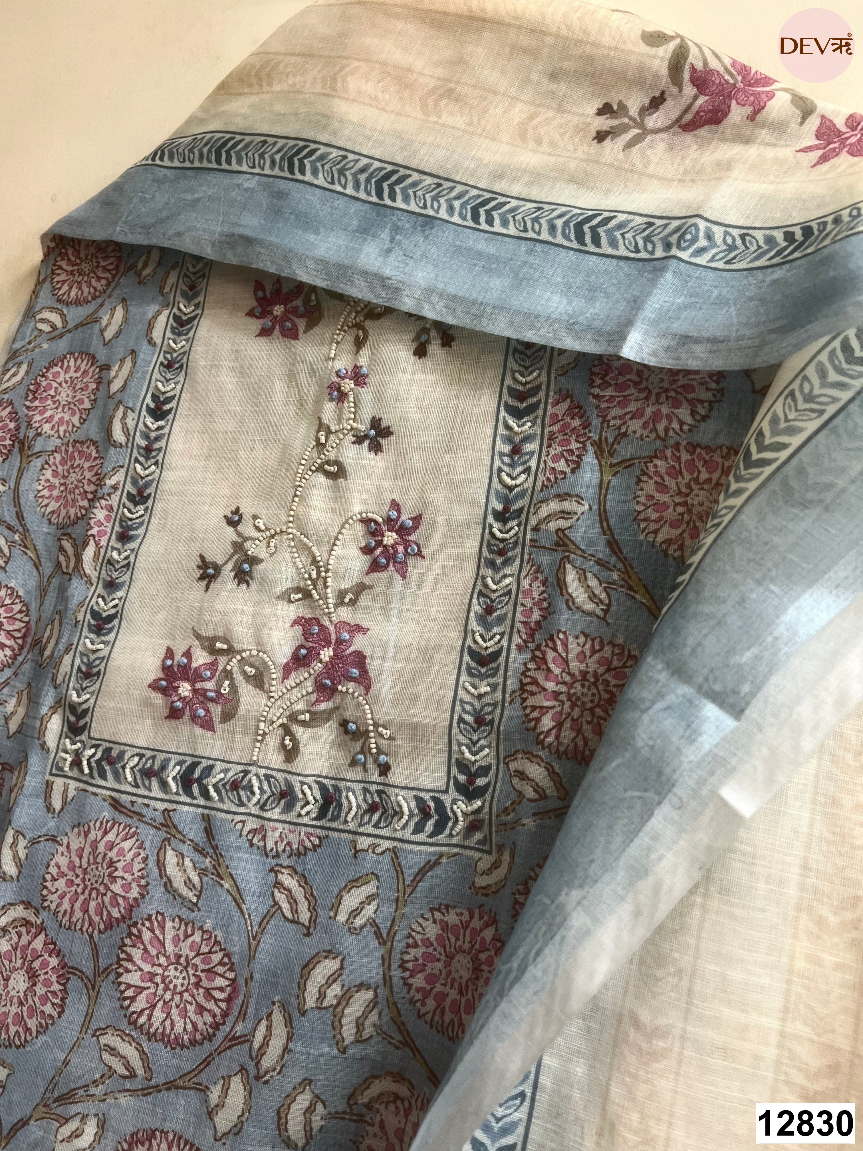 Blue Linen Cotton Printed Unstitched 3-Piece Suit (Devri – D.No 12830)