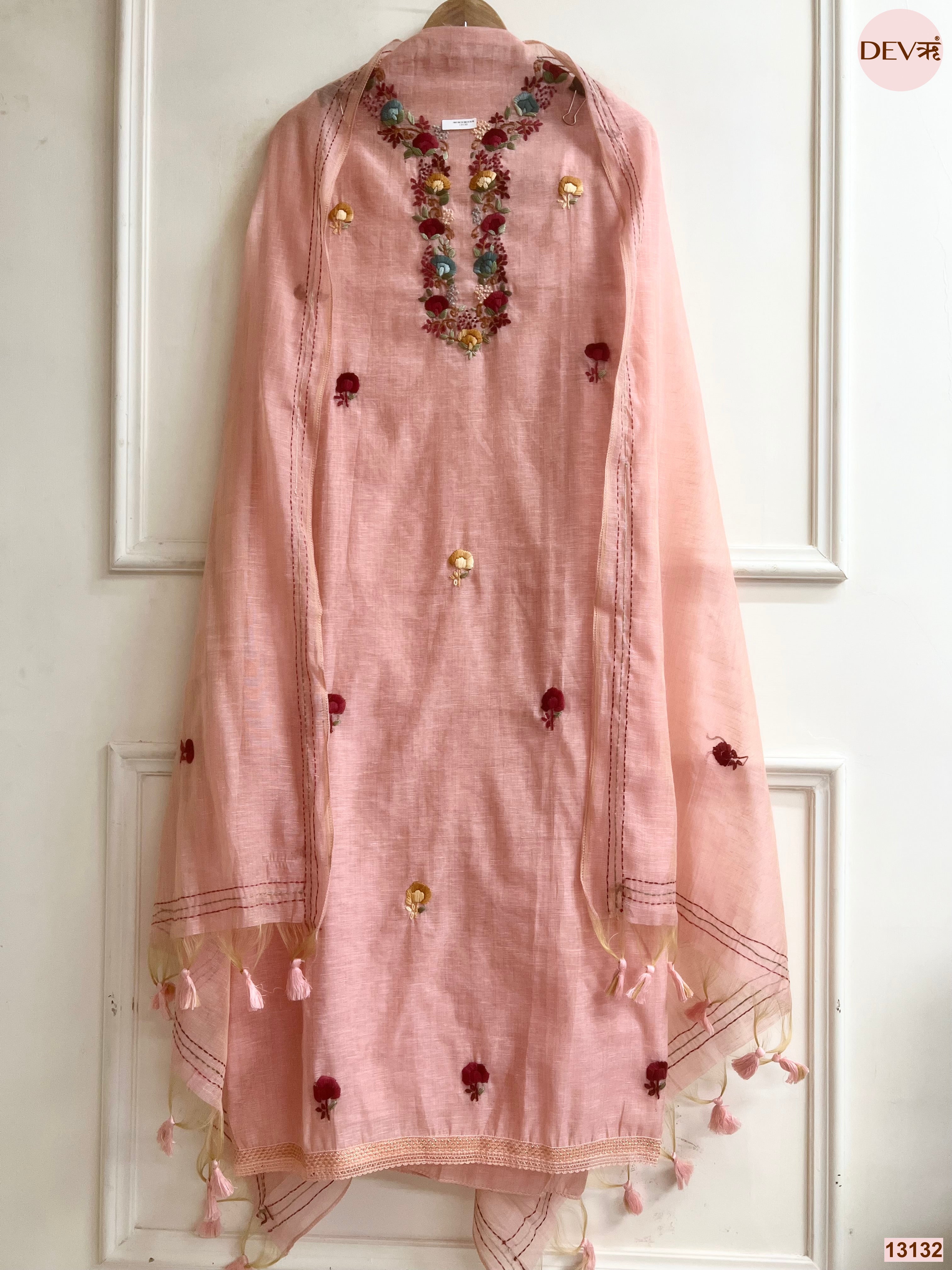 Peach Jamdani Cotton Embroidered Unstitched 3-Piece Suit (Devri – D.No 13132)