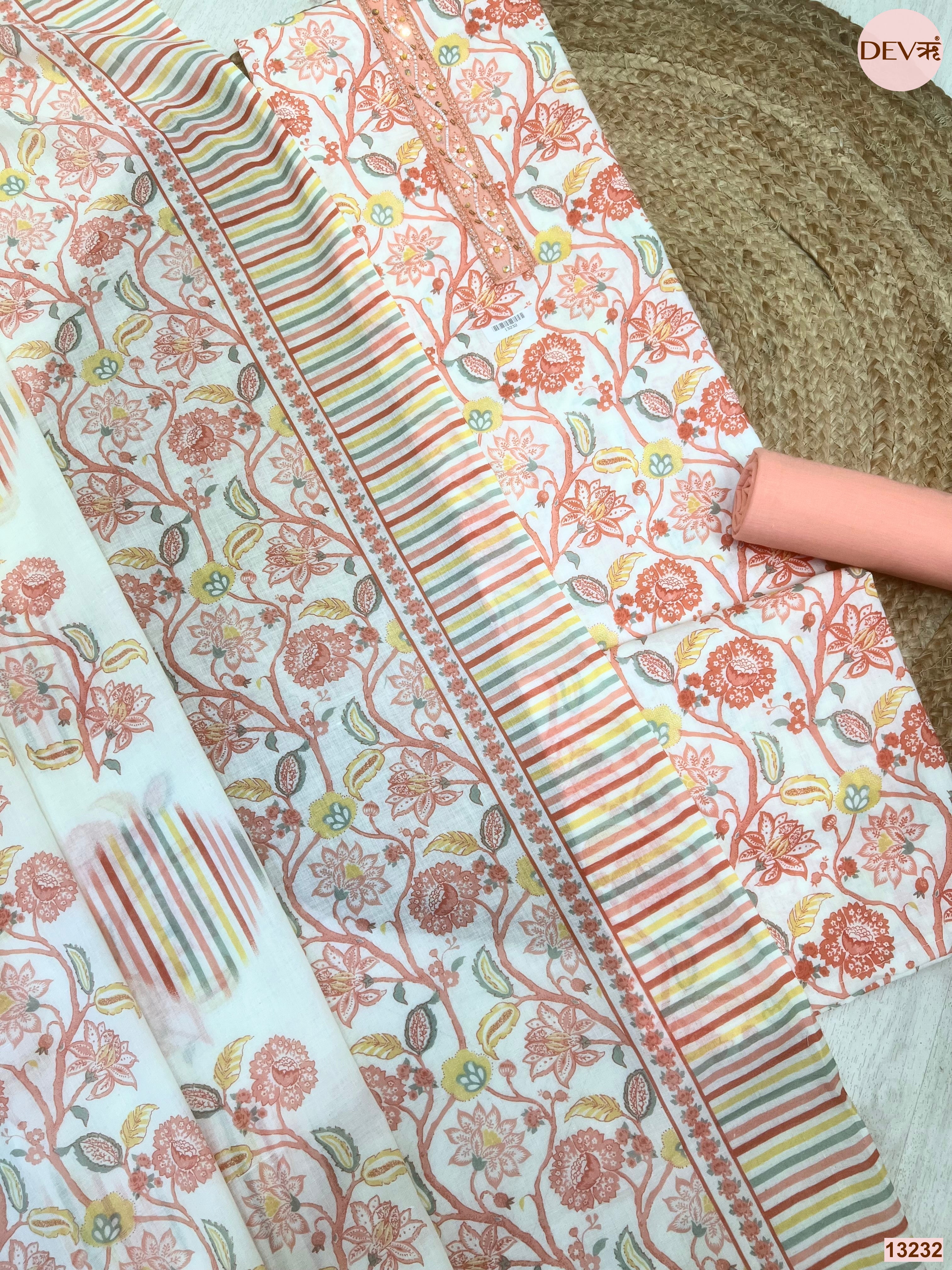 Peach Cotton Printed Unstitched 3-Piece Suit (Devri – D.No 13232)