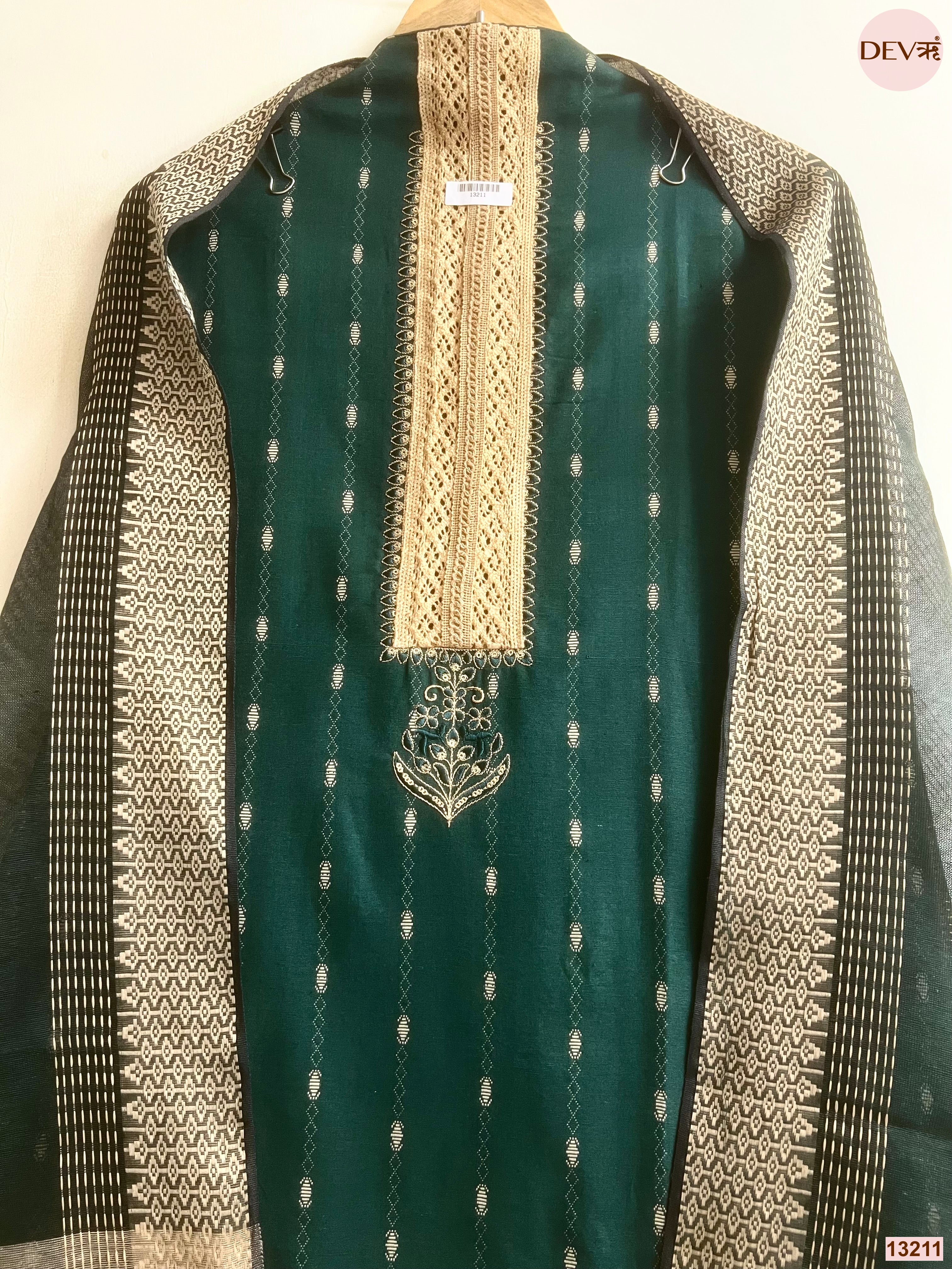Green Cotton Handloom Printed Unstitched 3-Piece Suit (Devri – D.No 13211)