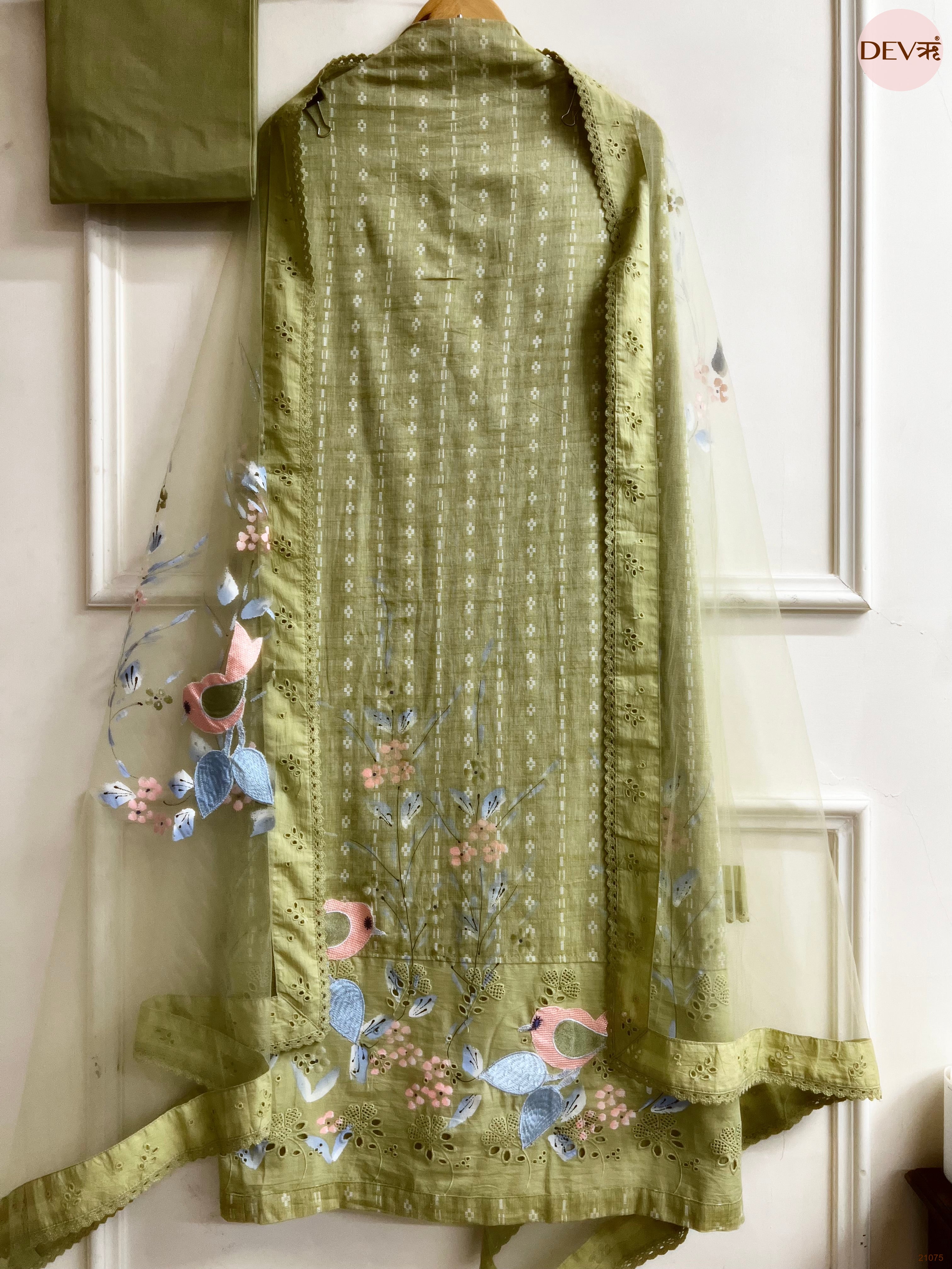 Olive Pure Cotton Printed Unstitched 3-Piece Suit (Devri – D.No 21075)