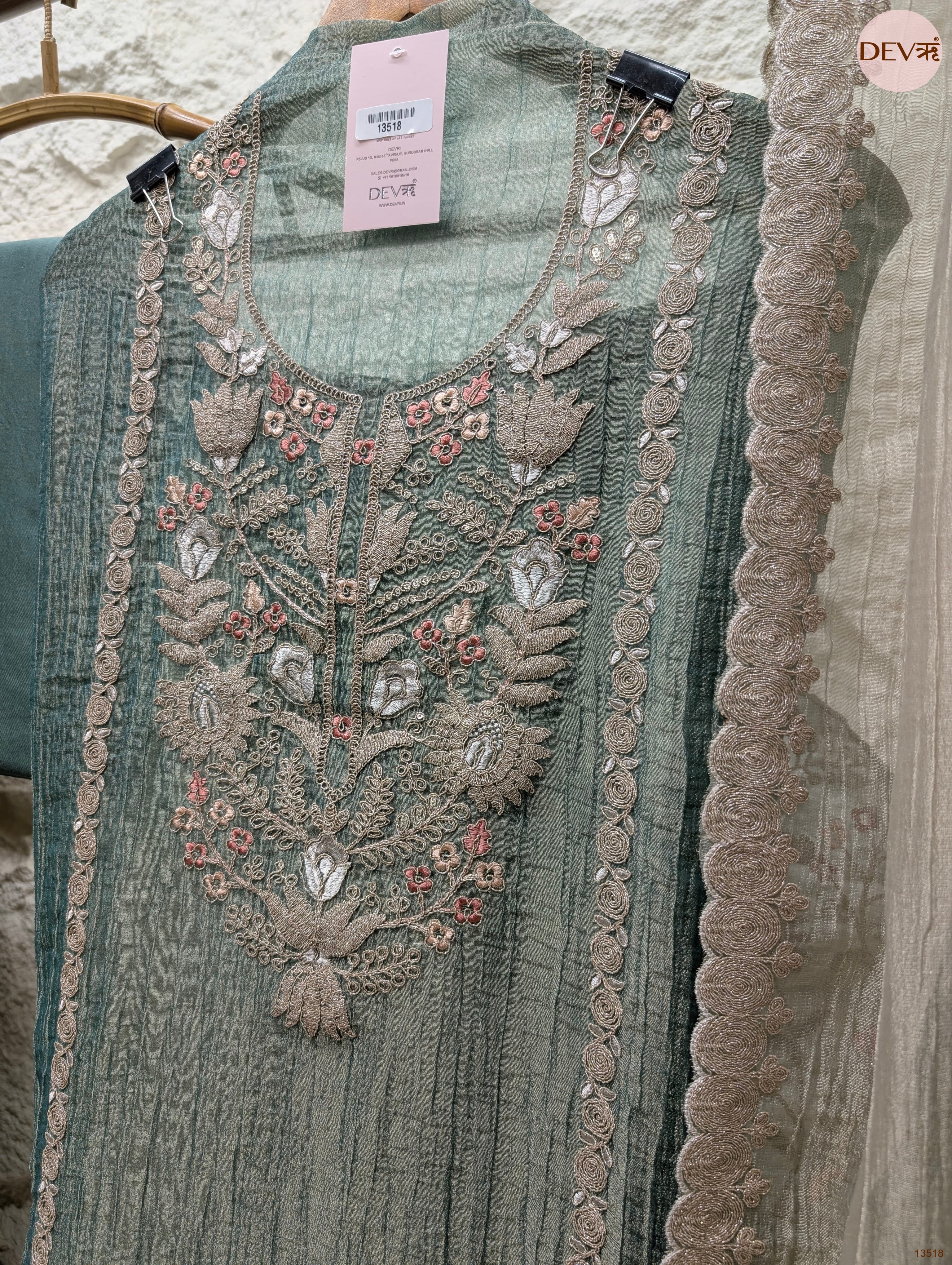 Green Tissue Silk Embroidered Unstitched 3-Piece Suit (Devri – D.No 13518)