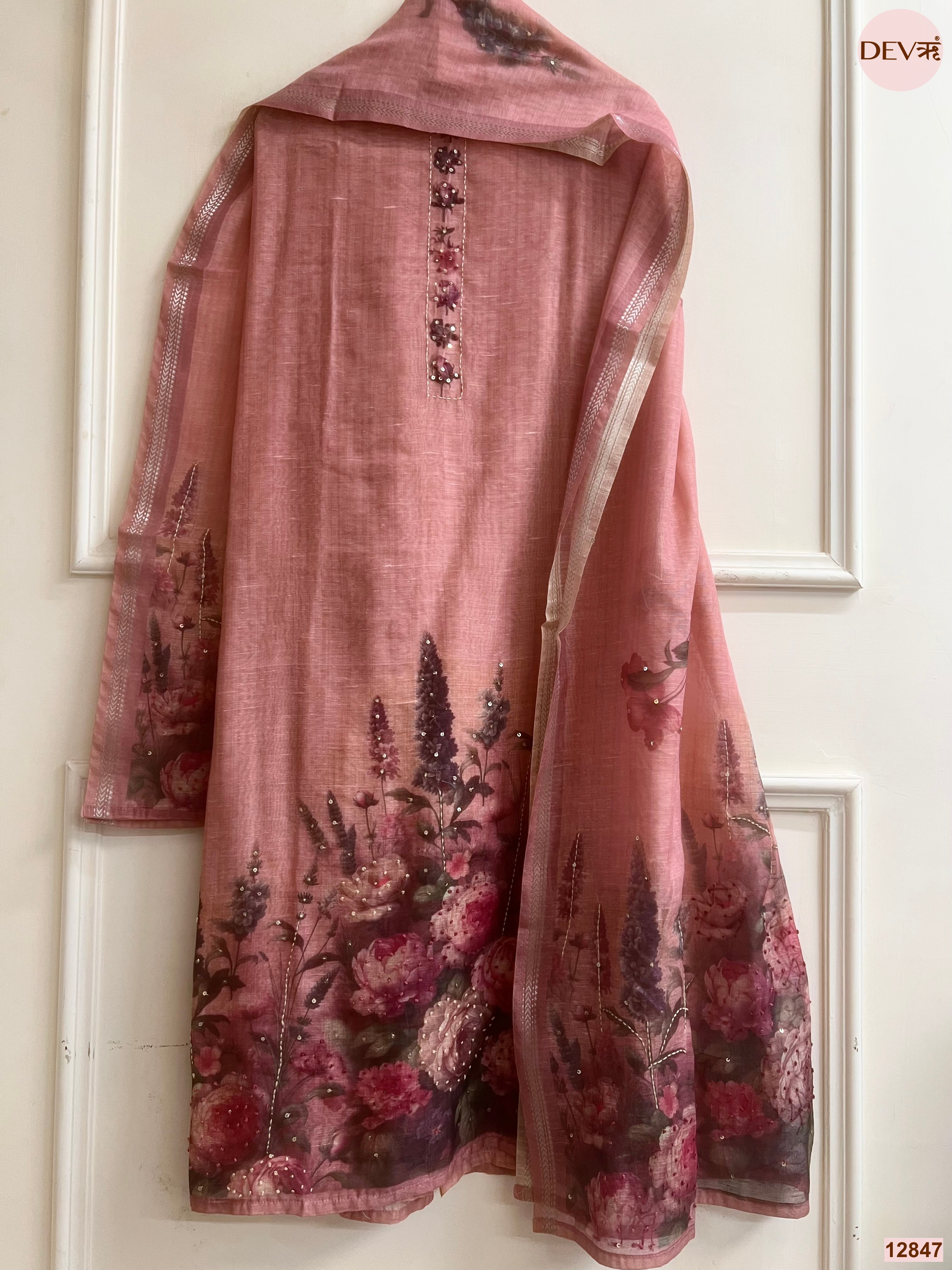 Pink Mul Chanderi Printed Unstitched 3-Piece Suit (Devri – D.No 12847)