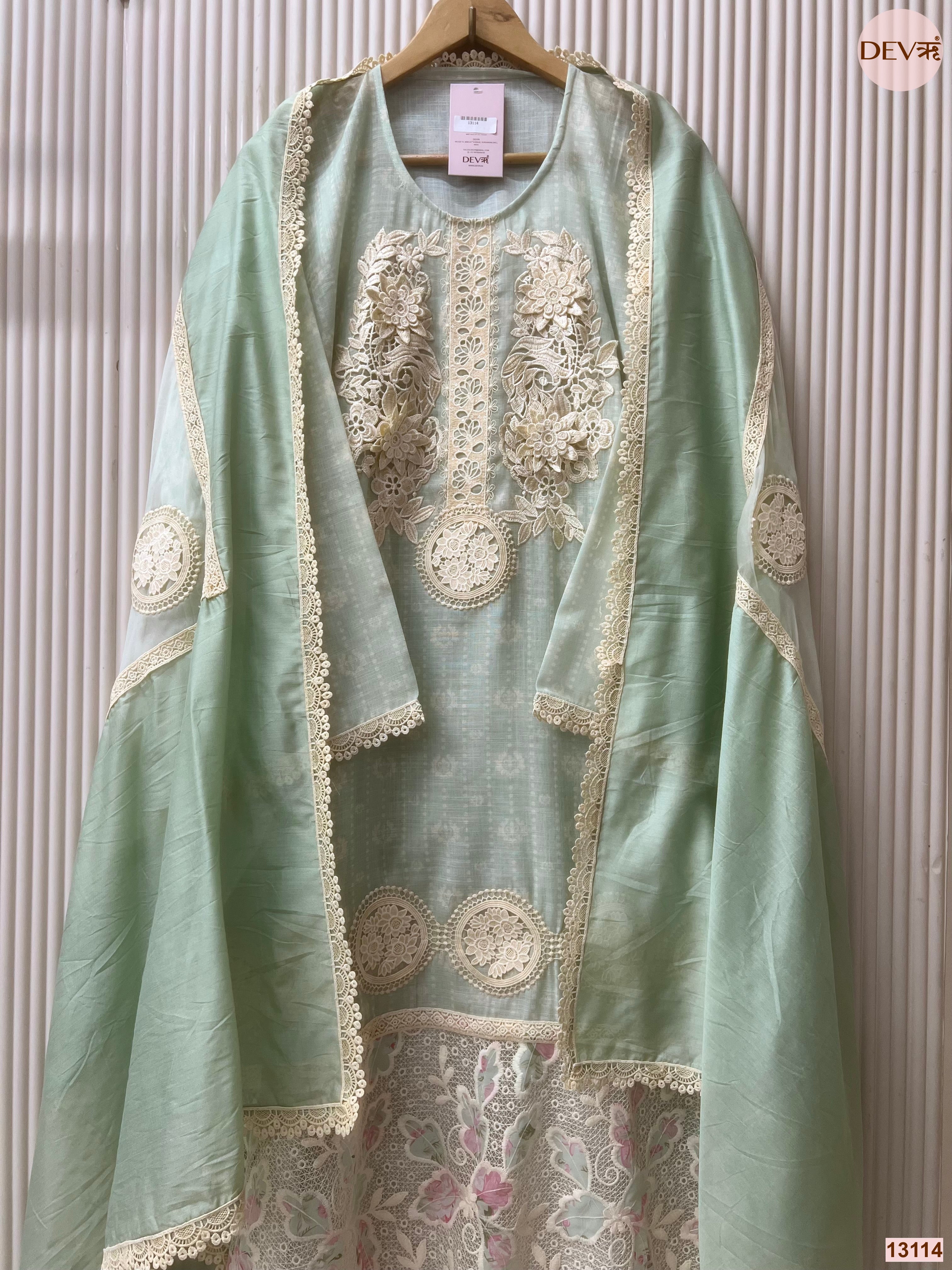 Mint Linen Cotton Embroidered Unstitched 3-Piece Suit (Devri – D.No 13114)