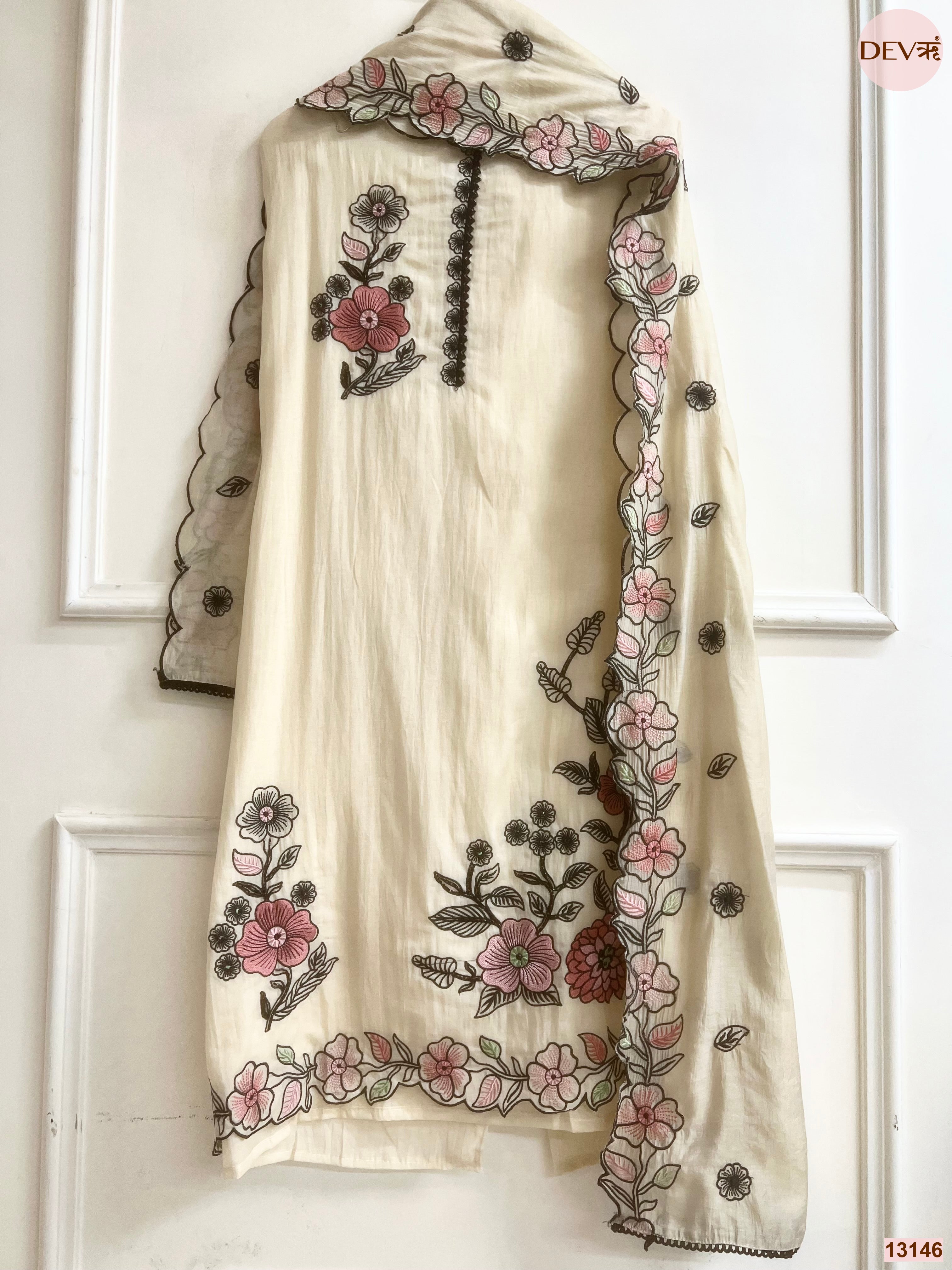 Cream Mul Chanderi Embroidered Unstitched 3-Piece Suit (Devri – D.No 13146)