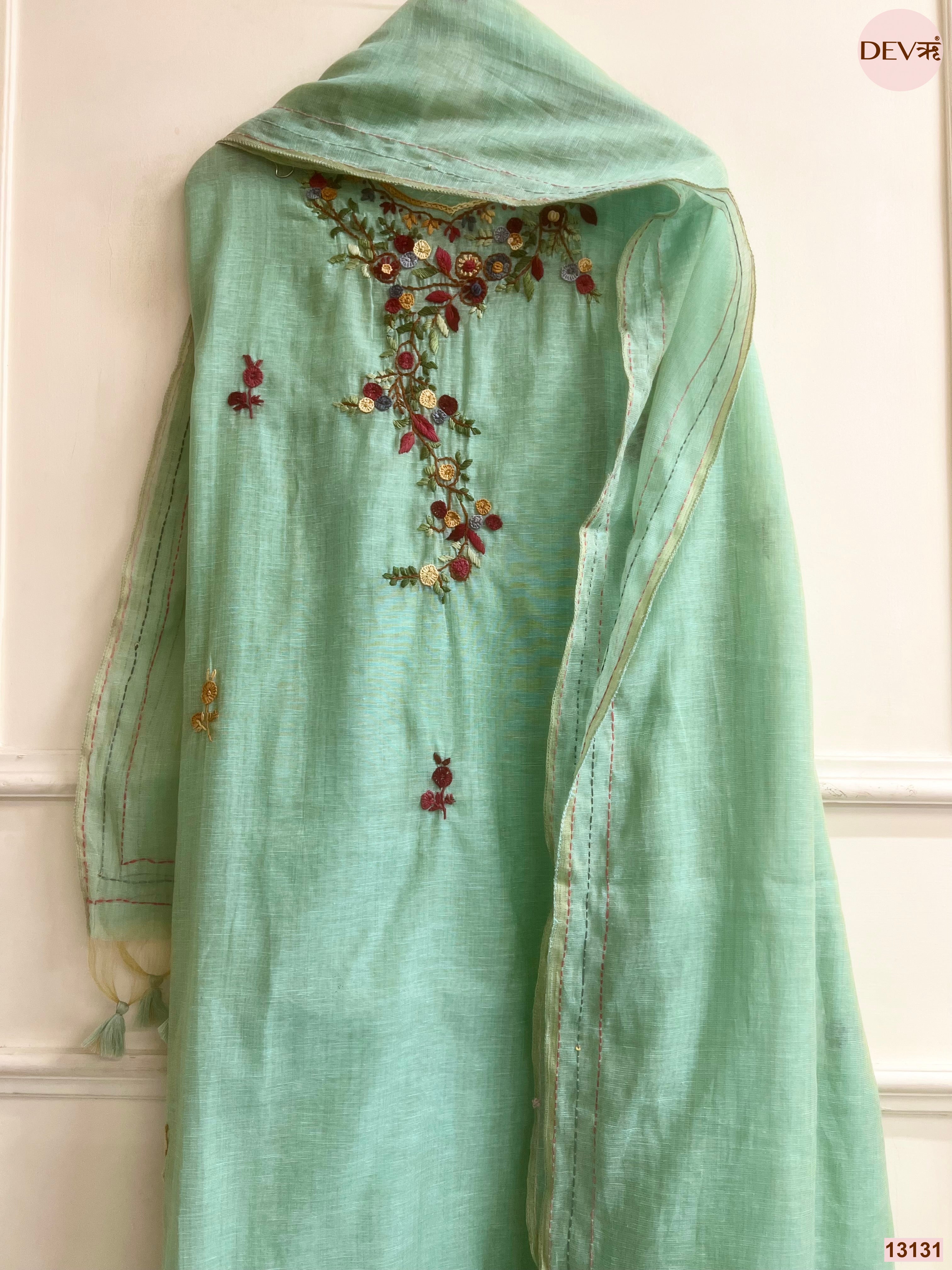 Mint Jamdani Cotton Embroidered Unstitched 3-Piece Suit (Devri – D.No 13131)