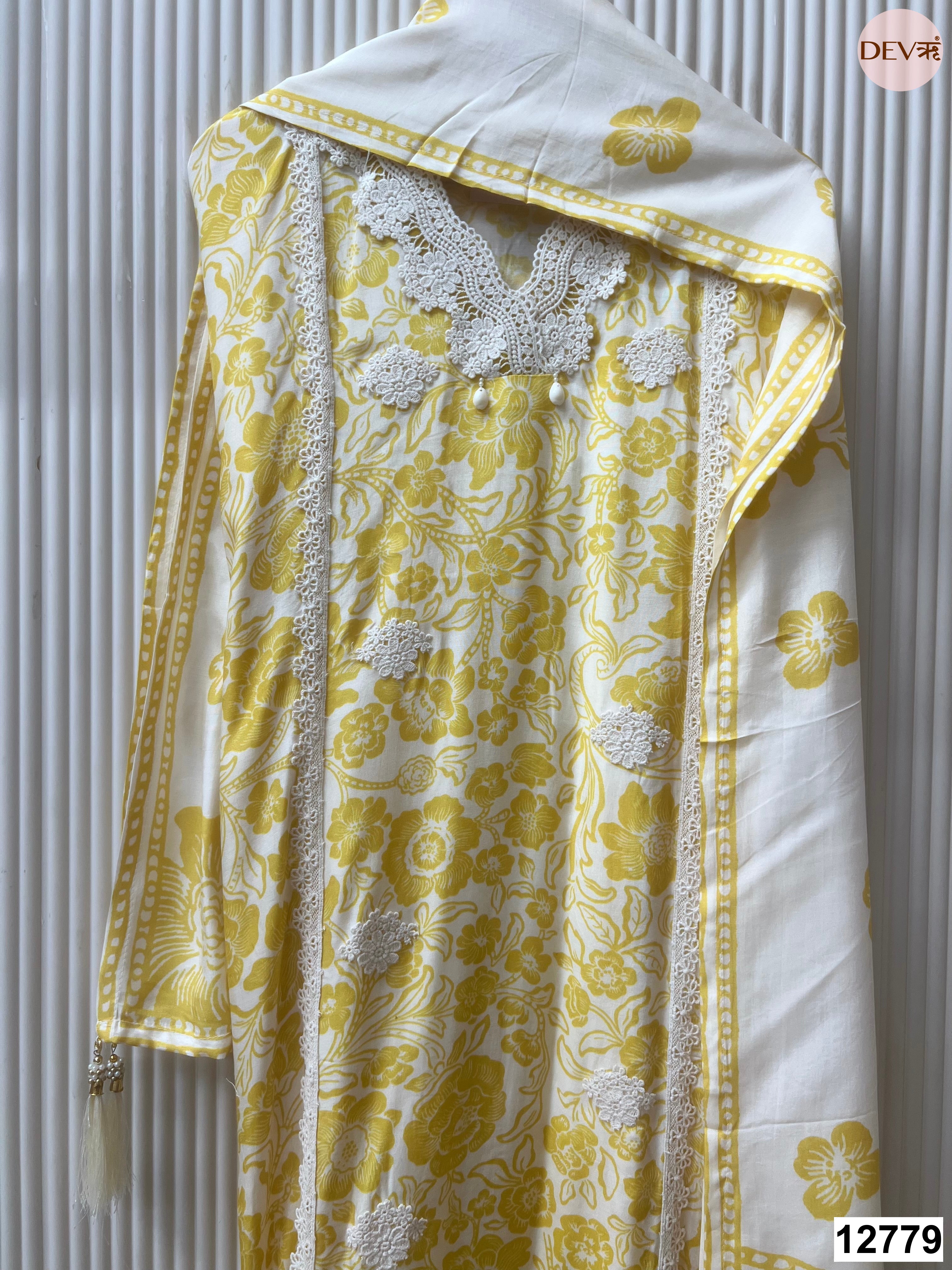 Yellow Muslin Printed Unstitched 3-Piece Suit (Devri – D.No 12779)