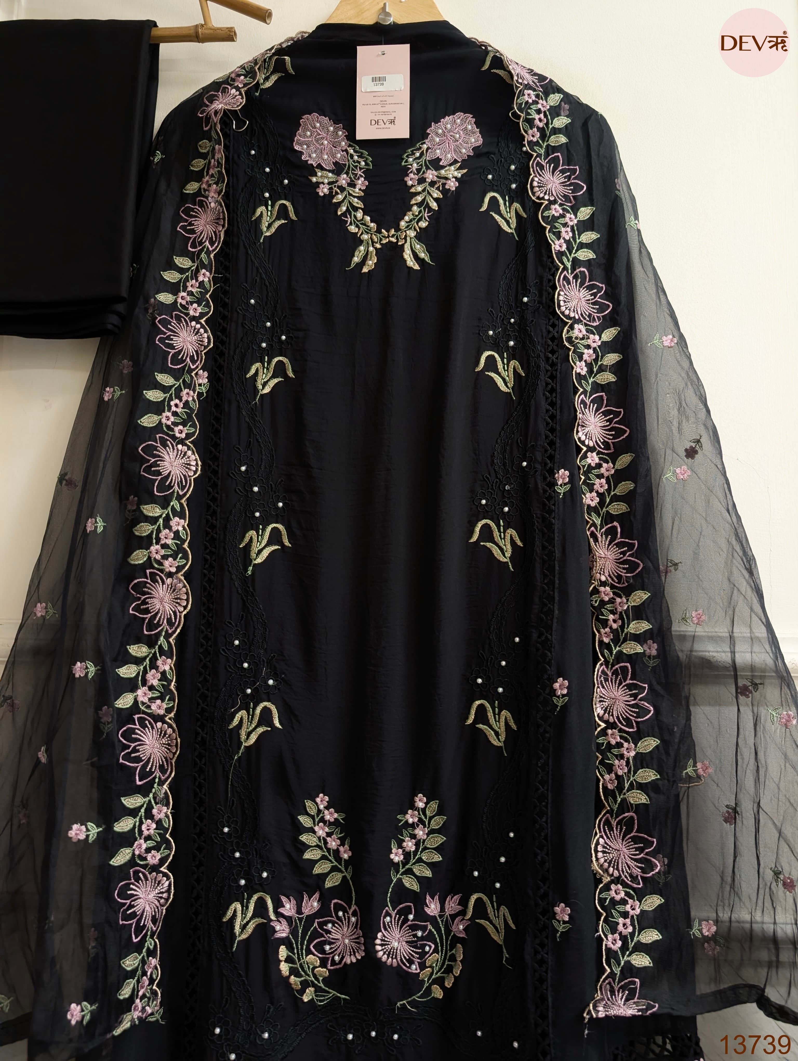 Black Organza Embroidered Unstitched 3-Piece Suit (Devri – D.No 13739)
