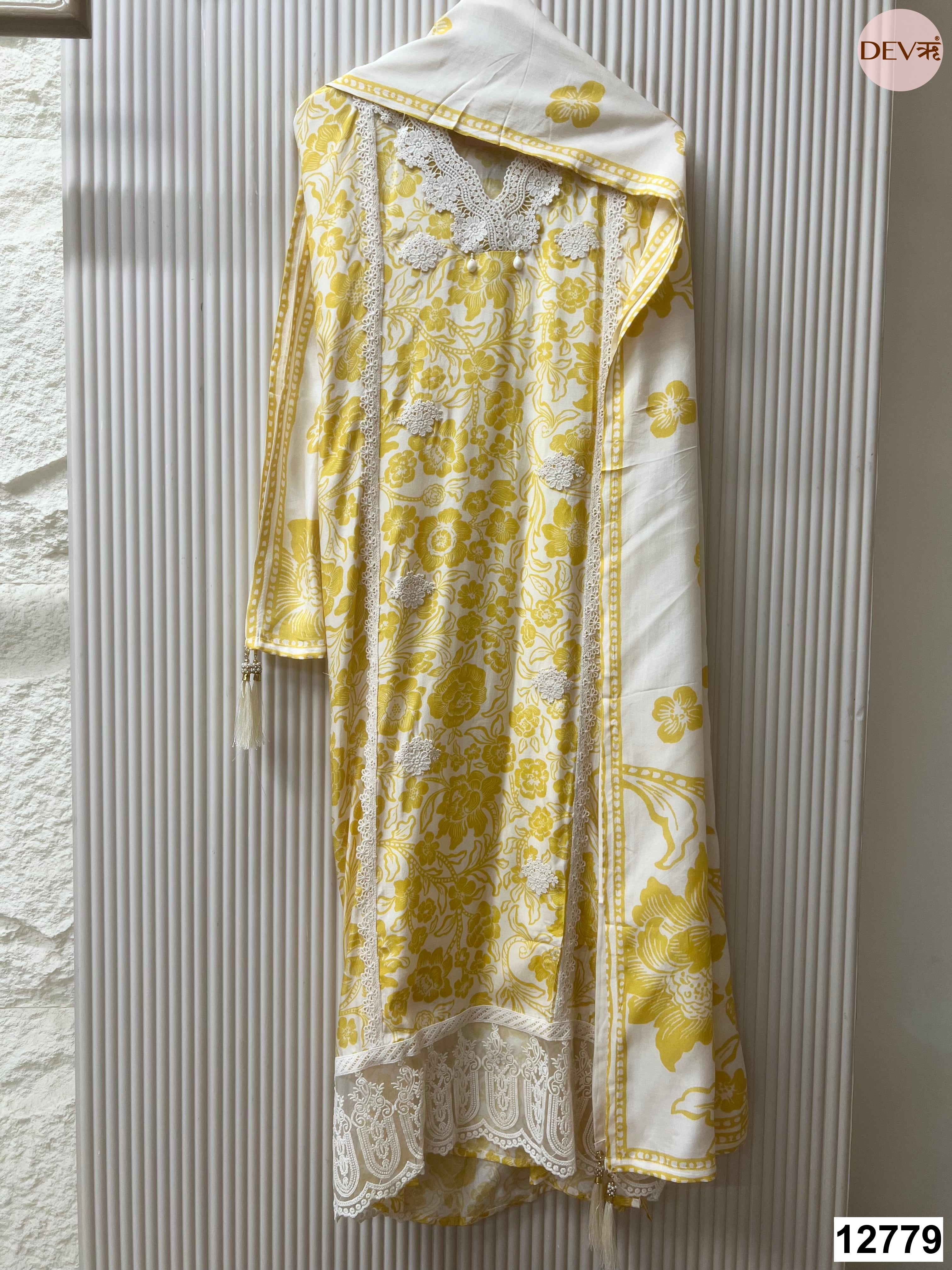 Yellow Muslin Printed Unstitched 3-Piece Suit (Devri – D.No 12779)