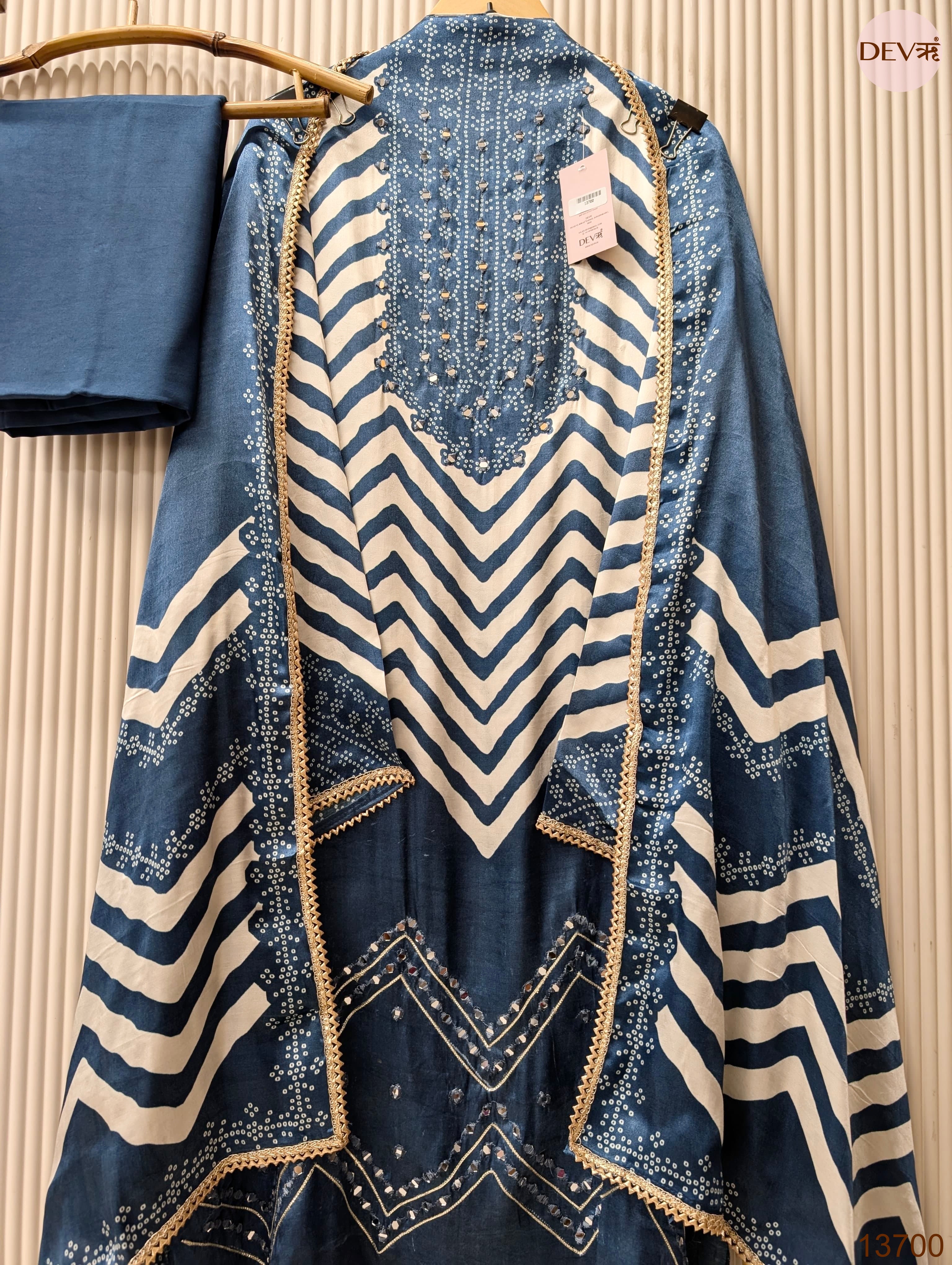 Blue Pure Gajji Silk Printed Unstitched 3-Piece Suit (Devri – D.No 13700)