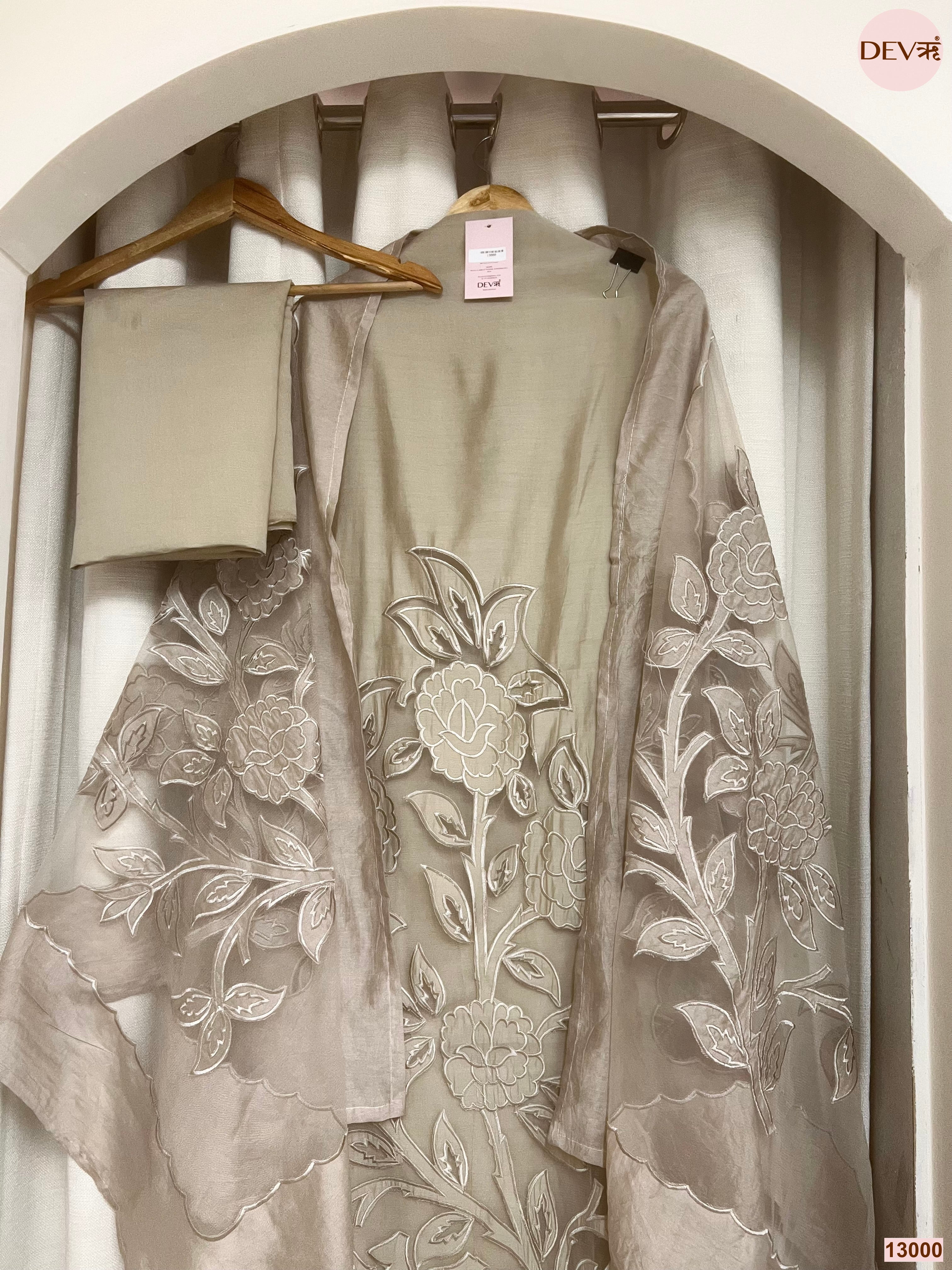Beige Roman Silk Embroidered Unstitched 3-Piece Suit (Devri – D.No 13000)