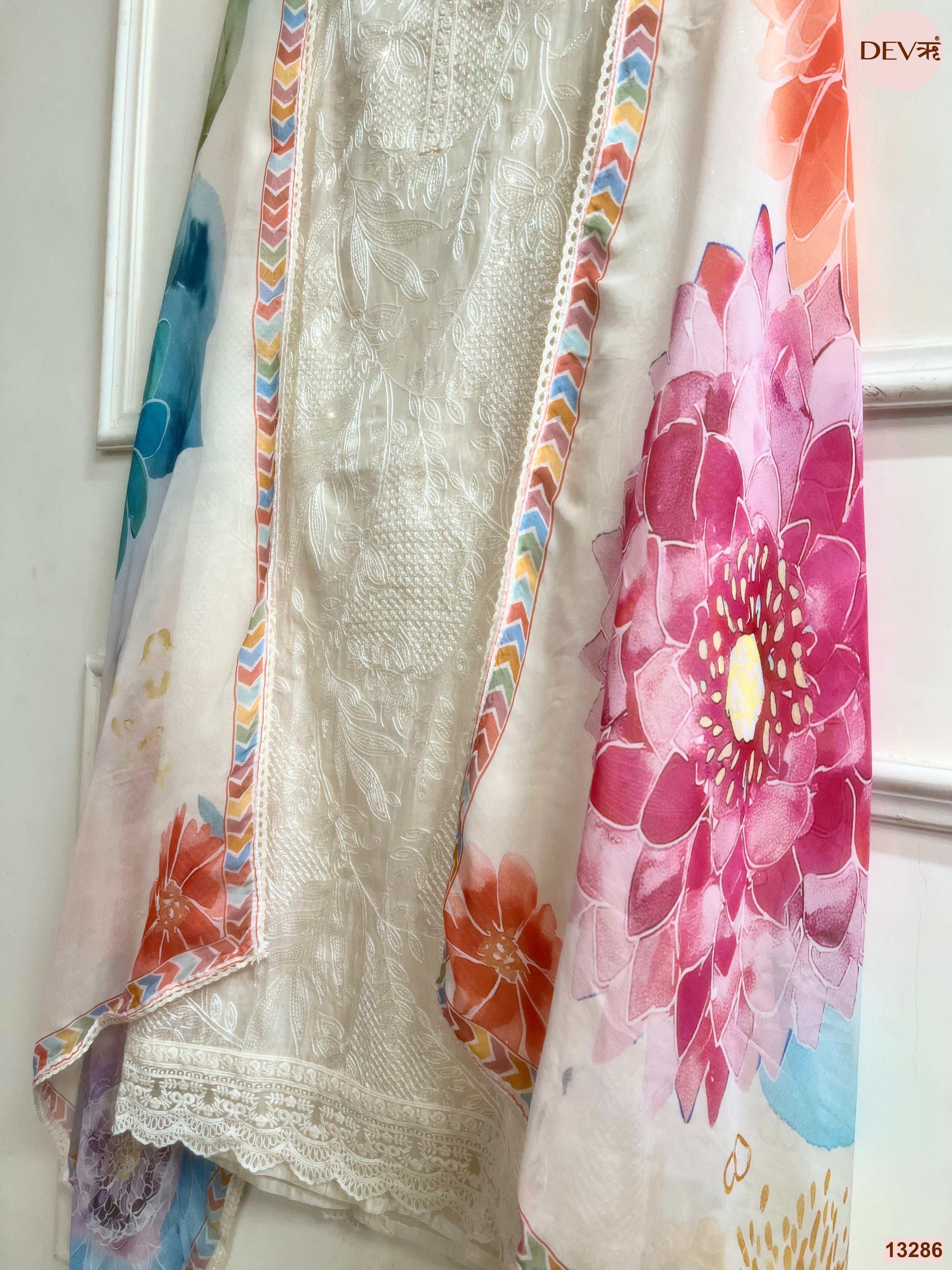 Cream Mul Cotton Embroidered Unstitched 3-Piece Suit (Devri – D.No 13286)