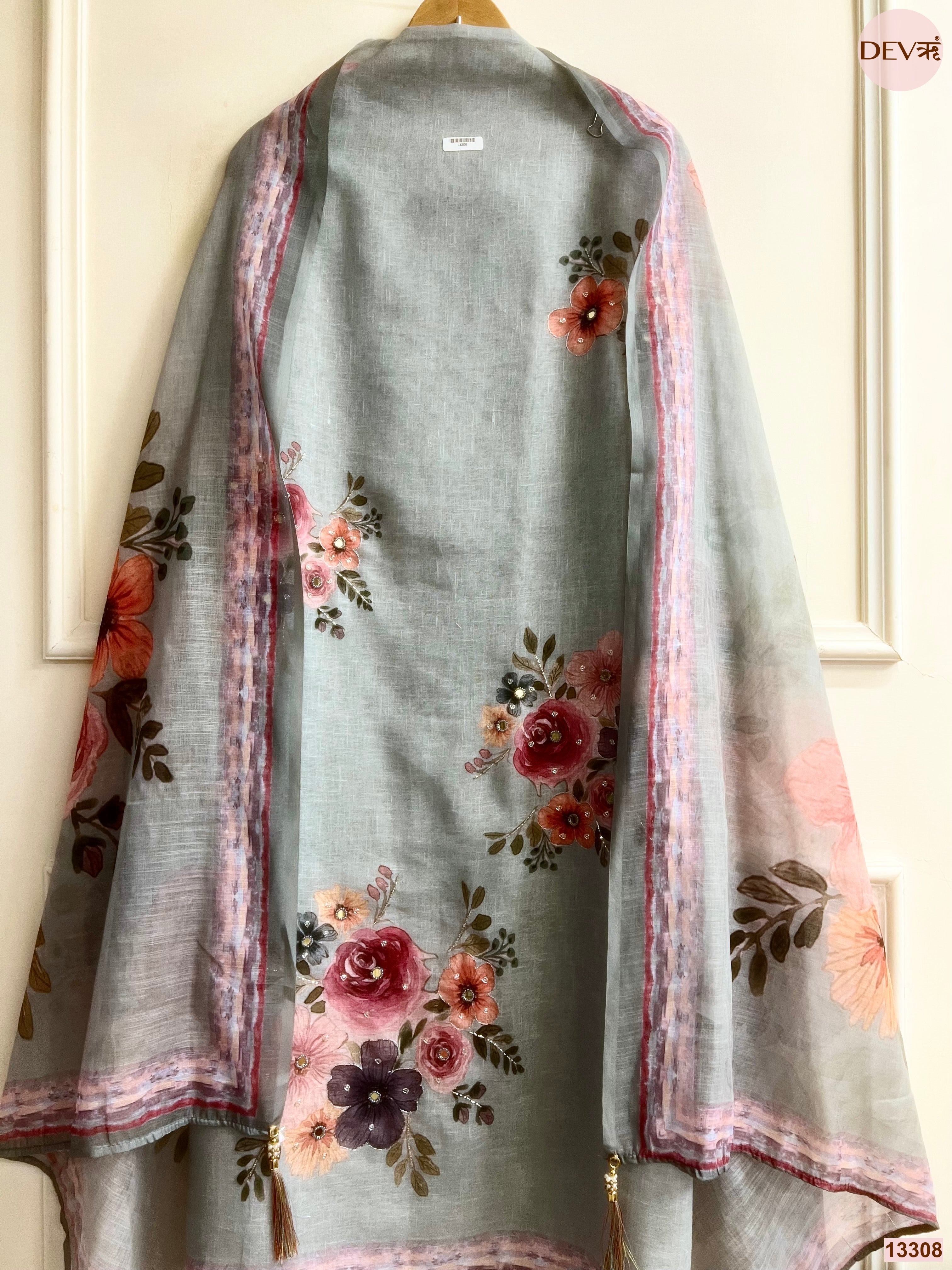 Grey Linen Cotton Printed Unstitched 3-Piece Suit (Devri – D.No 13308)