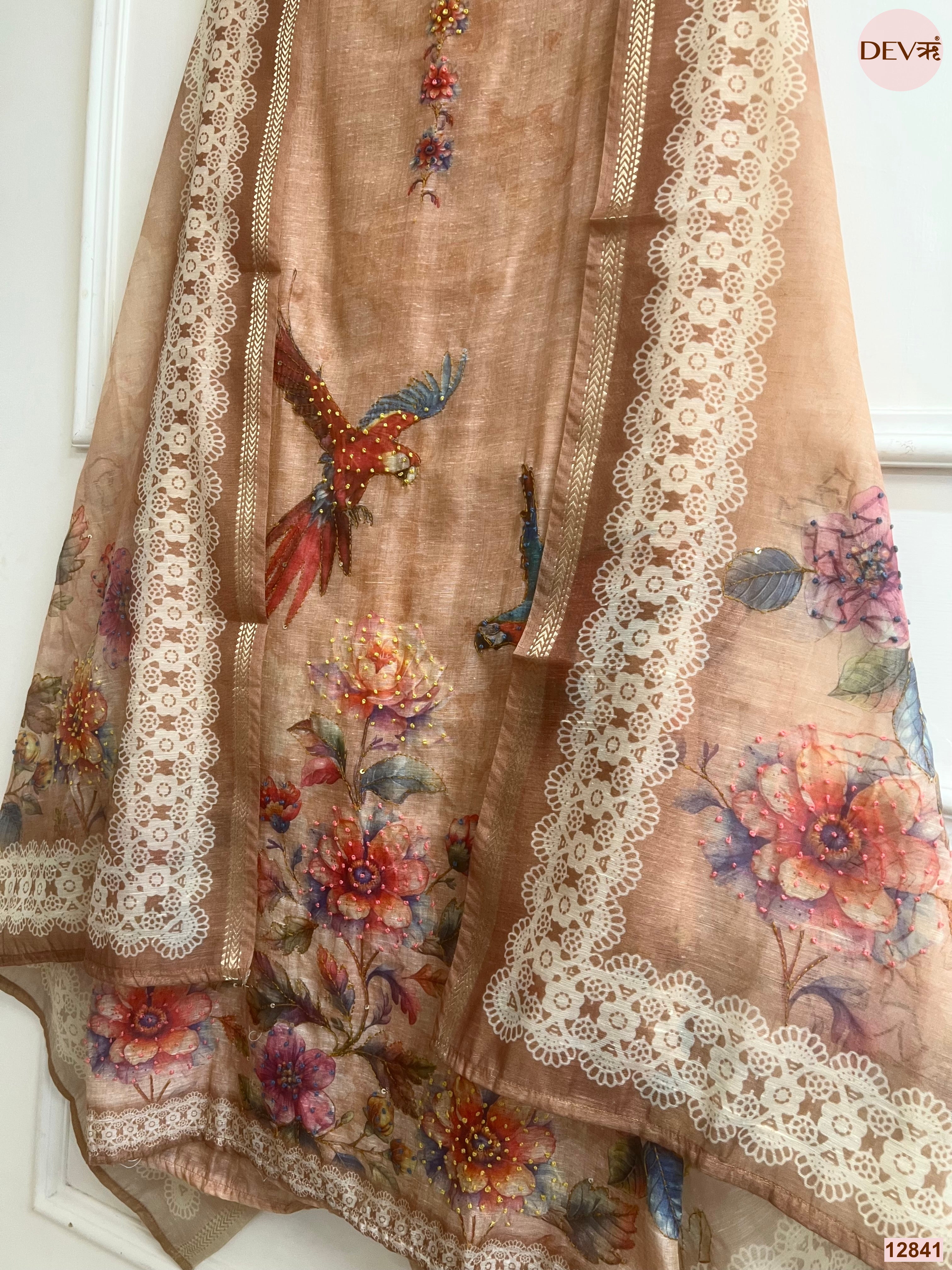 Peach Mul Chanderi Printed Unstitched 3-Piece Suit (Devri – D.No 12841)