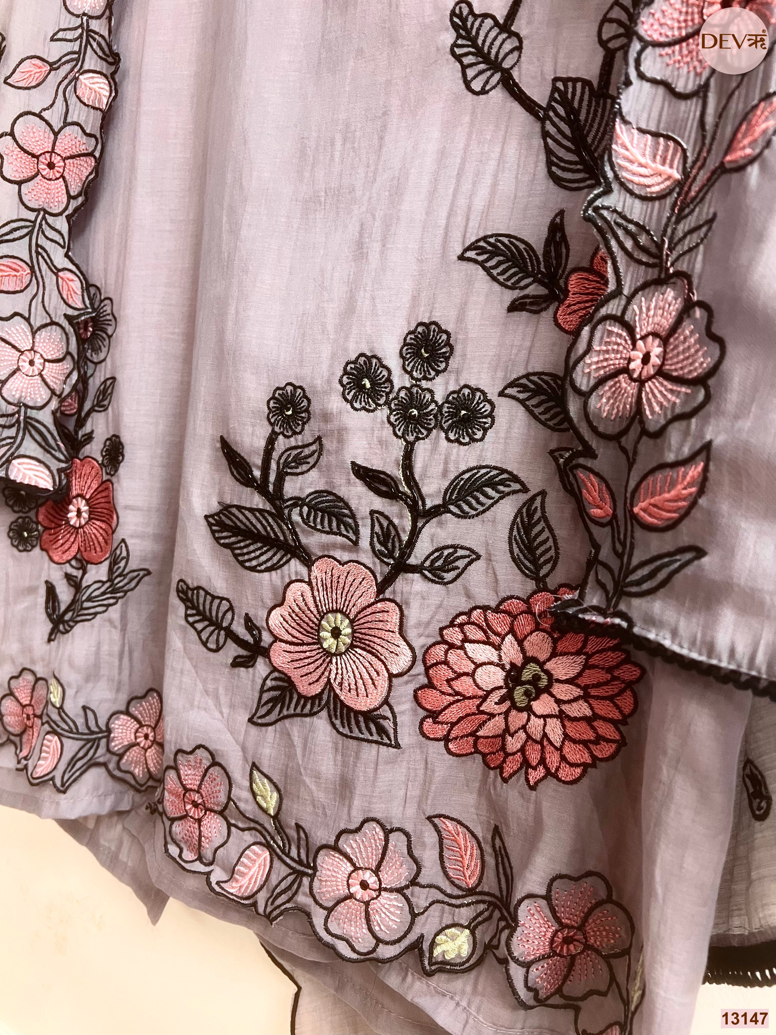 Grey Mul Chanderi Embroidered Unstitched 3-Piece Suit (Devri – D.No 13147)