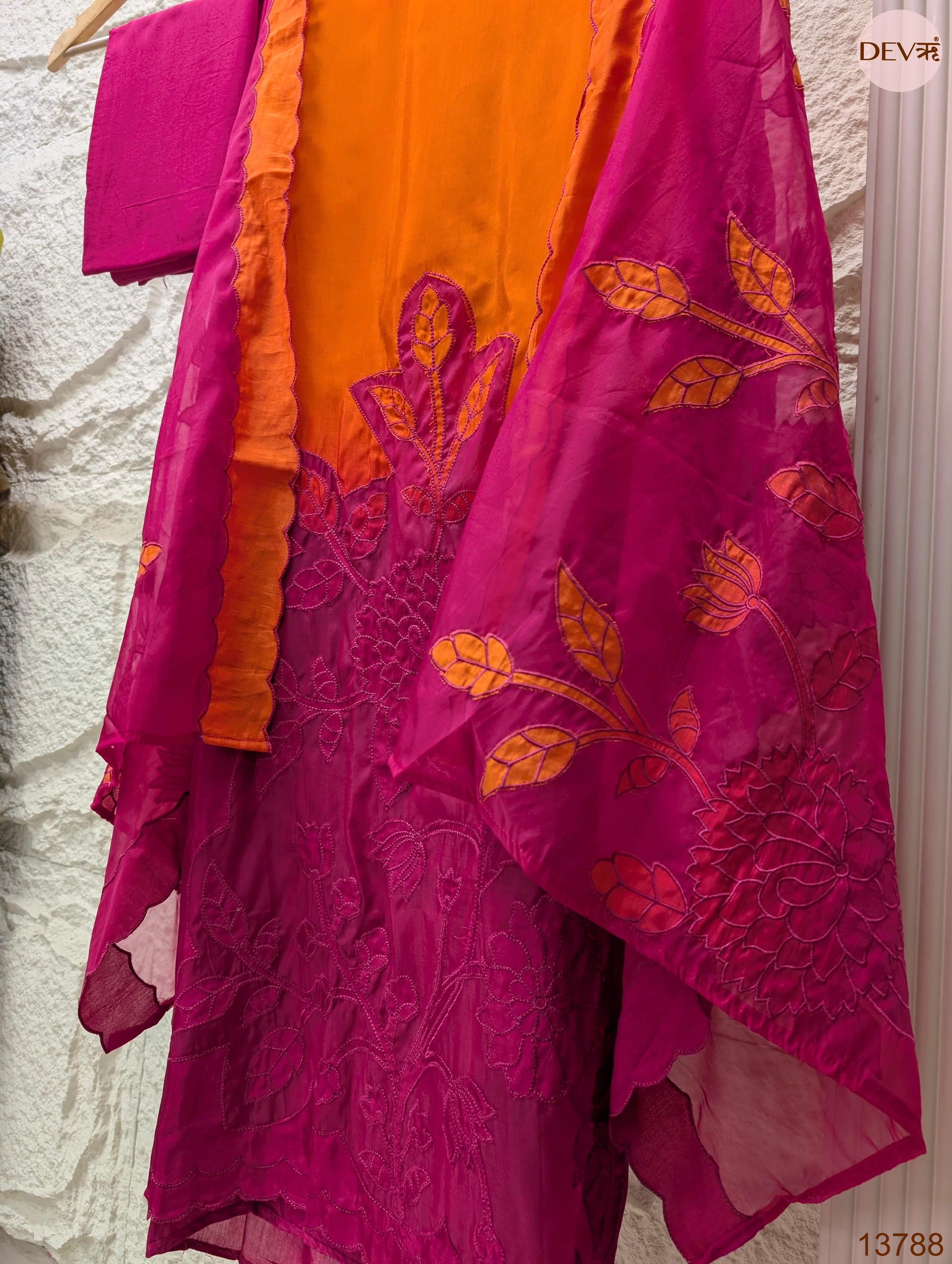 Orange Muslin Embroidered Unstitched 3-Piece Suit (Devri – D.No 13788)