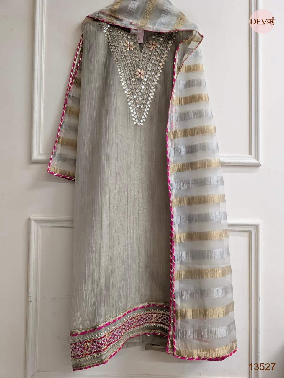 Grey Tissue Silk Embroidered Unstitched 3-Piece Suit (Devri – D.No 13527)