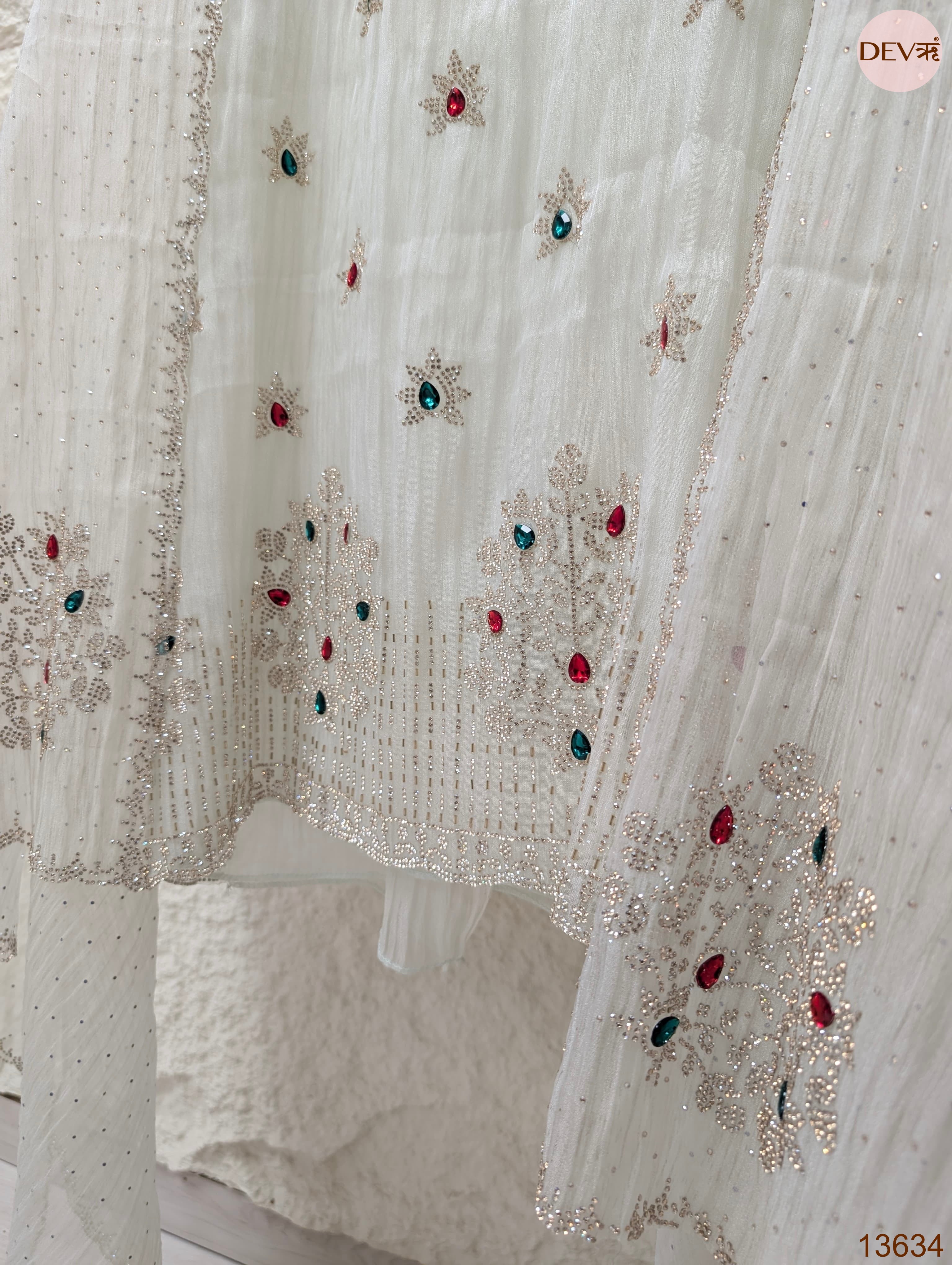 Off White Pure Organza Silk Embroidered Unstitched 3-Piece Suit (Devri – D.No 13634)