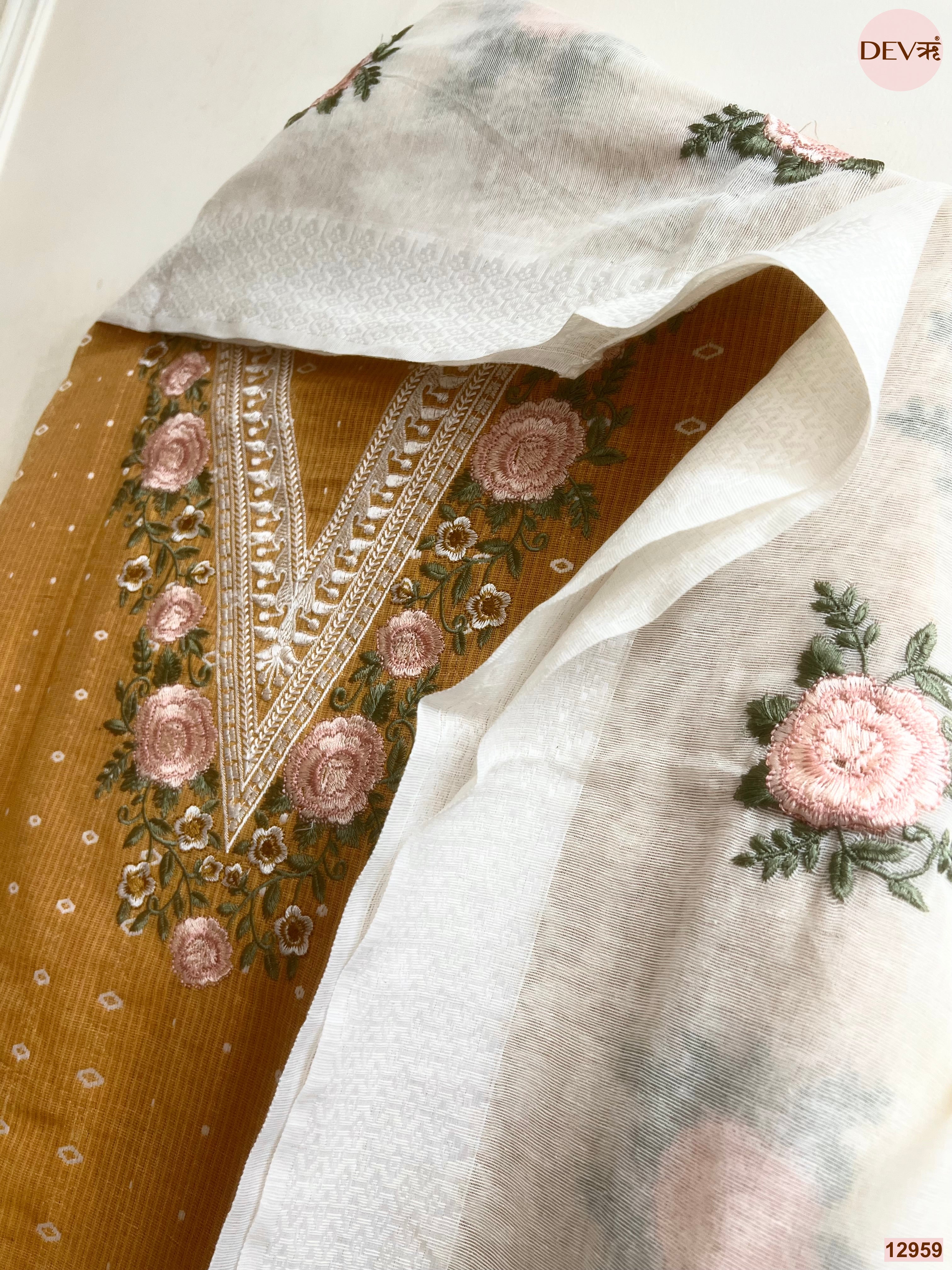 Mustard Cotton Handloom Embroidered Unstitched 3-Piece Suit (Devri – D.No 12959)