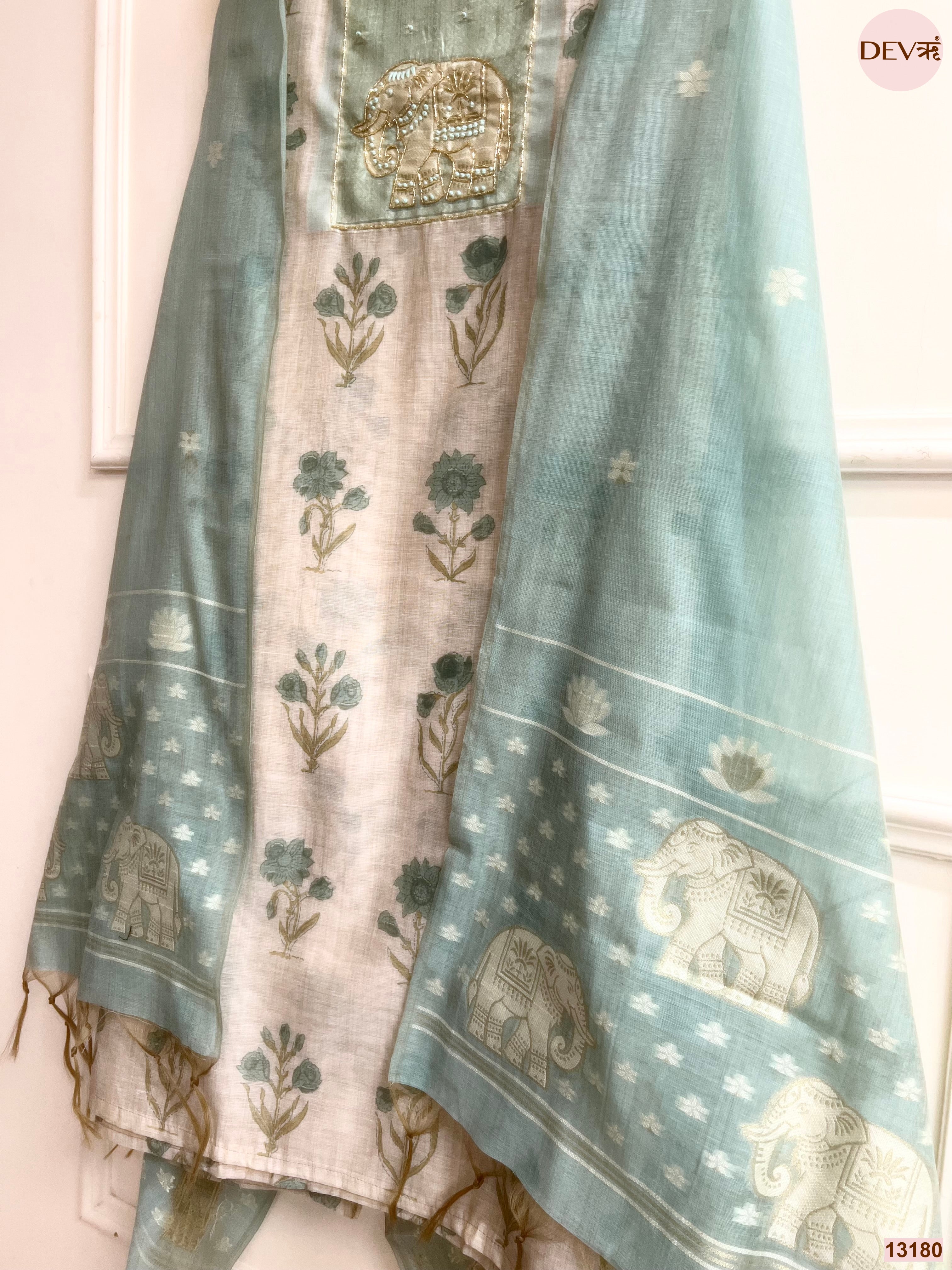 Aqua Mul Chanderi Printed Unstitched 3-Piece Suit (Devri – D.No 13180)