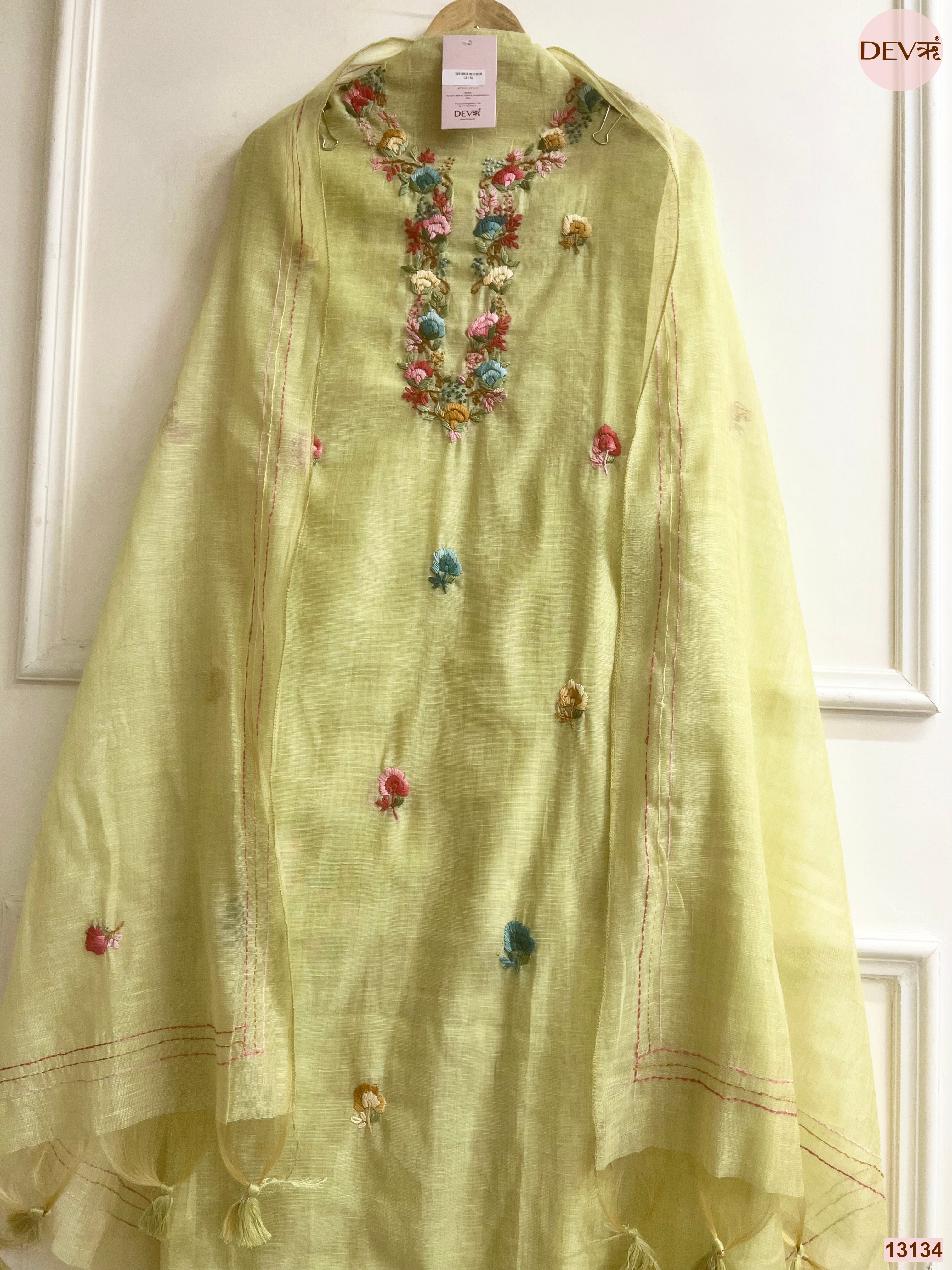 Lime Jamdani Cotton Embroidered Unstitched 3-Piece Suit (Devri – D.No 13134)